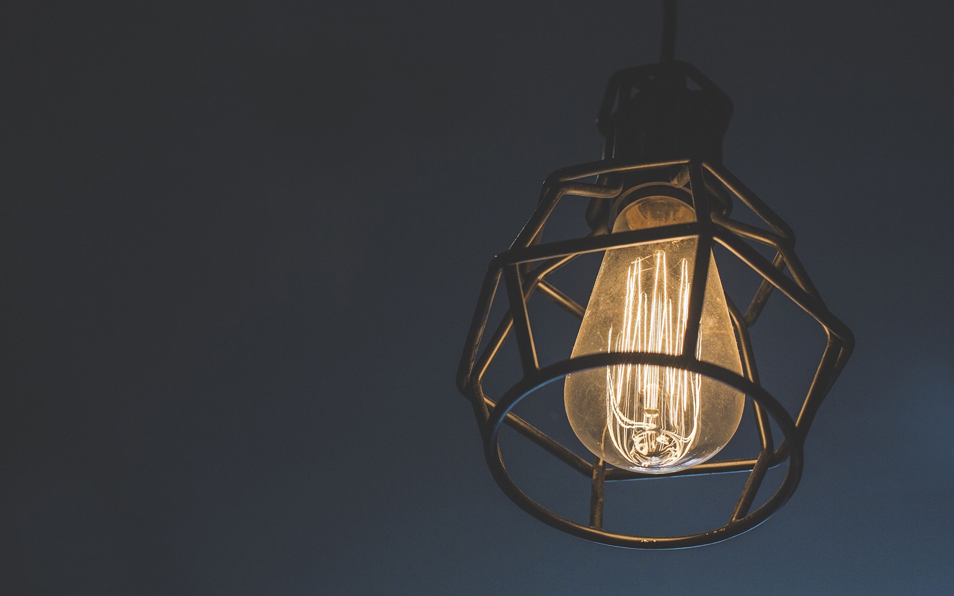 Edison light bulb in a black cage pendant light HD Wallpaper