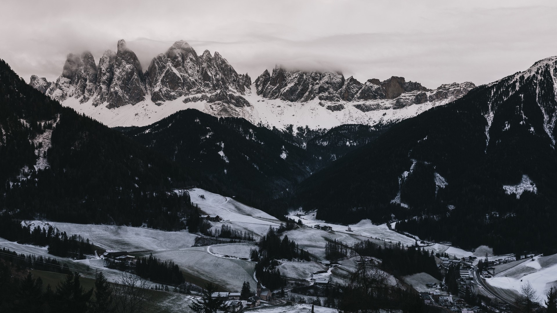 Snow-covered mountains and valleys in winter HD Wallpaper