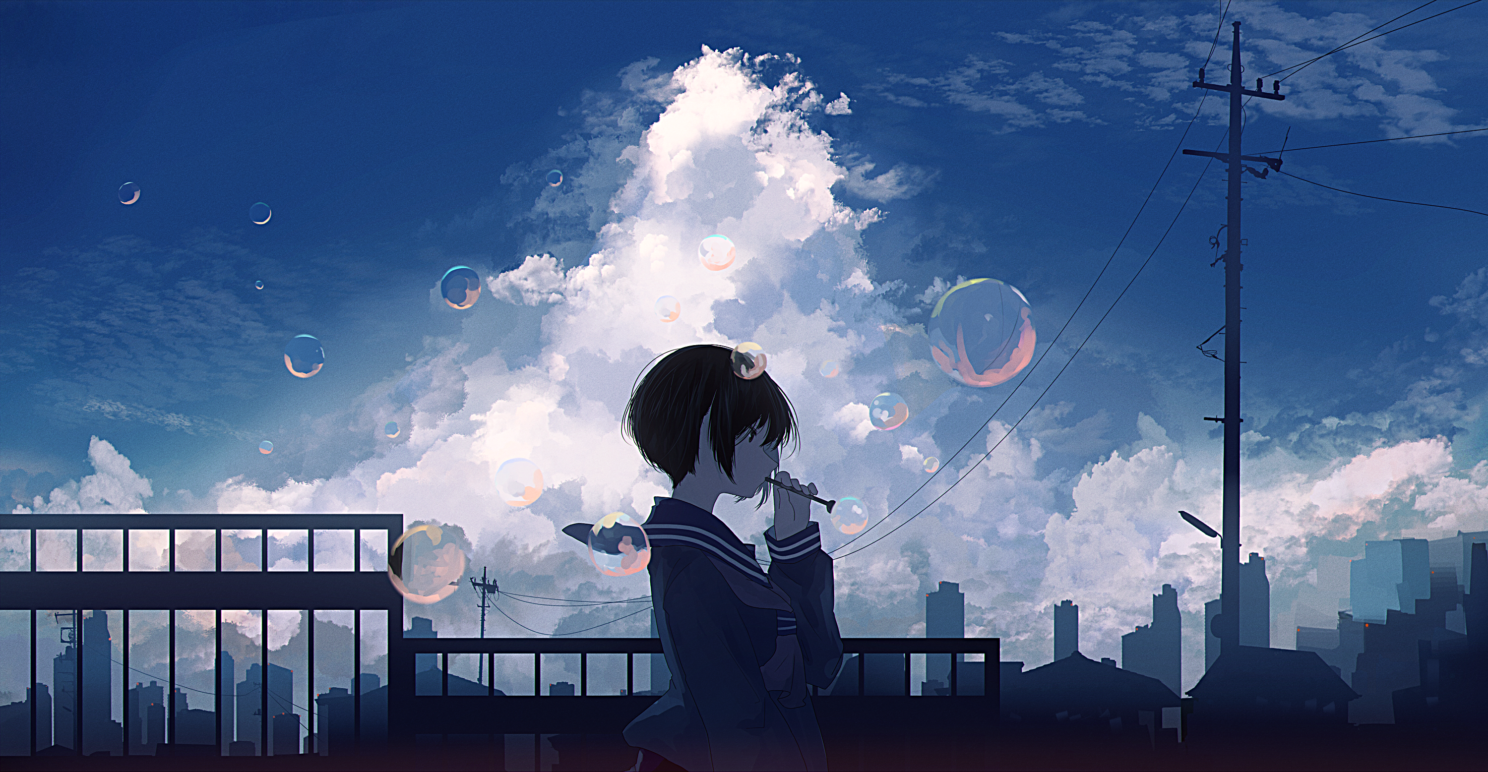 Anime girl blowing bubbles in a cityscape HD Wallpaper