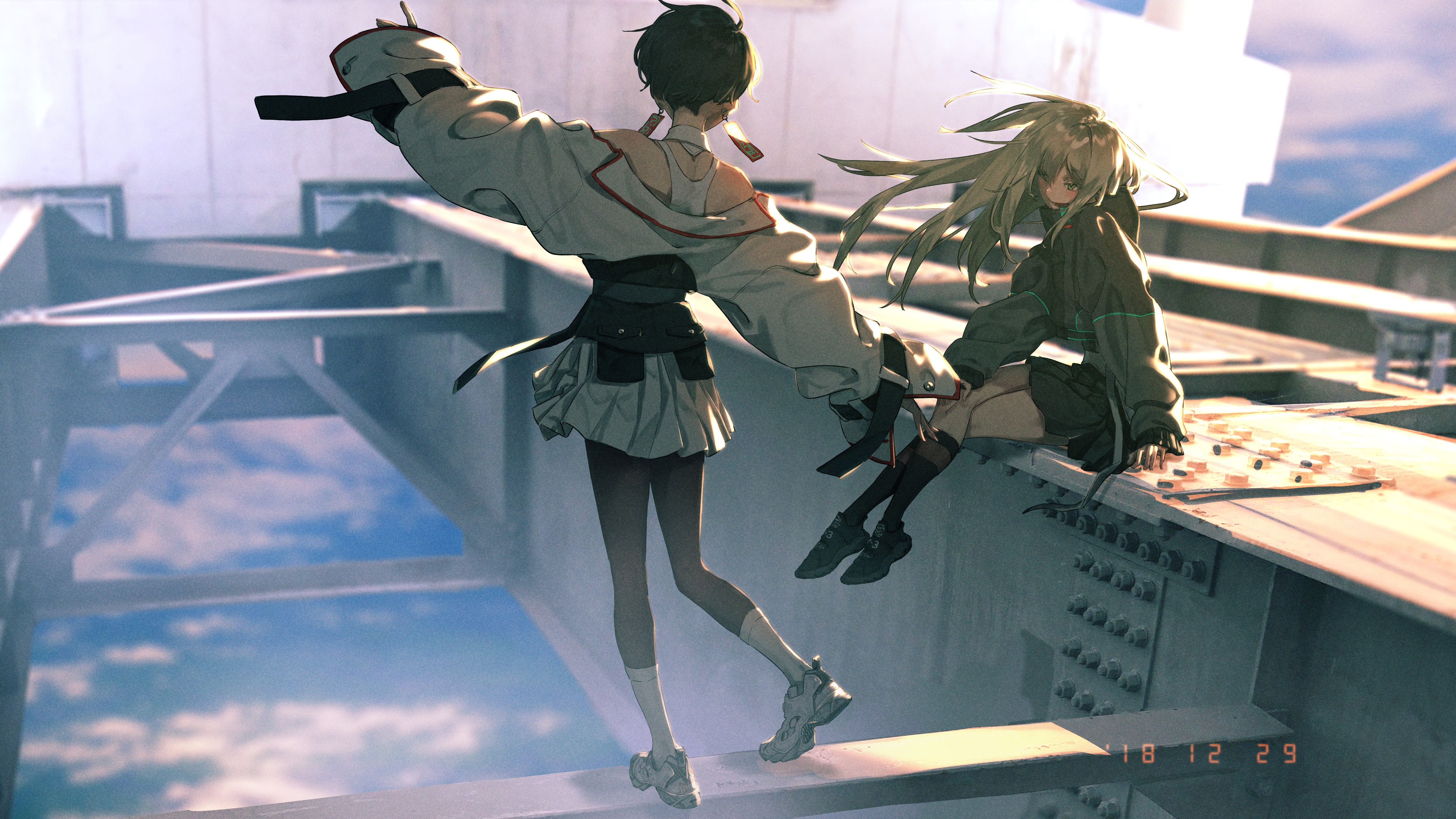 Anime girls on a bridge HD Wallpaper