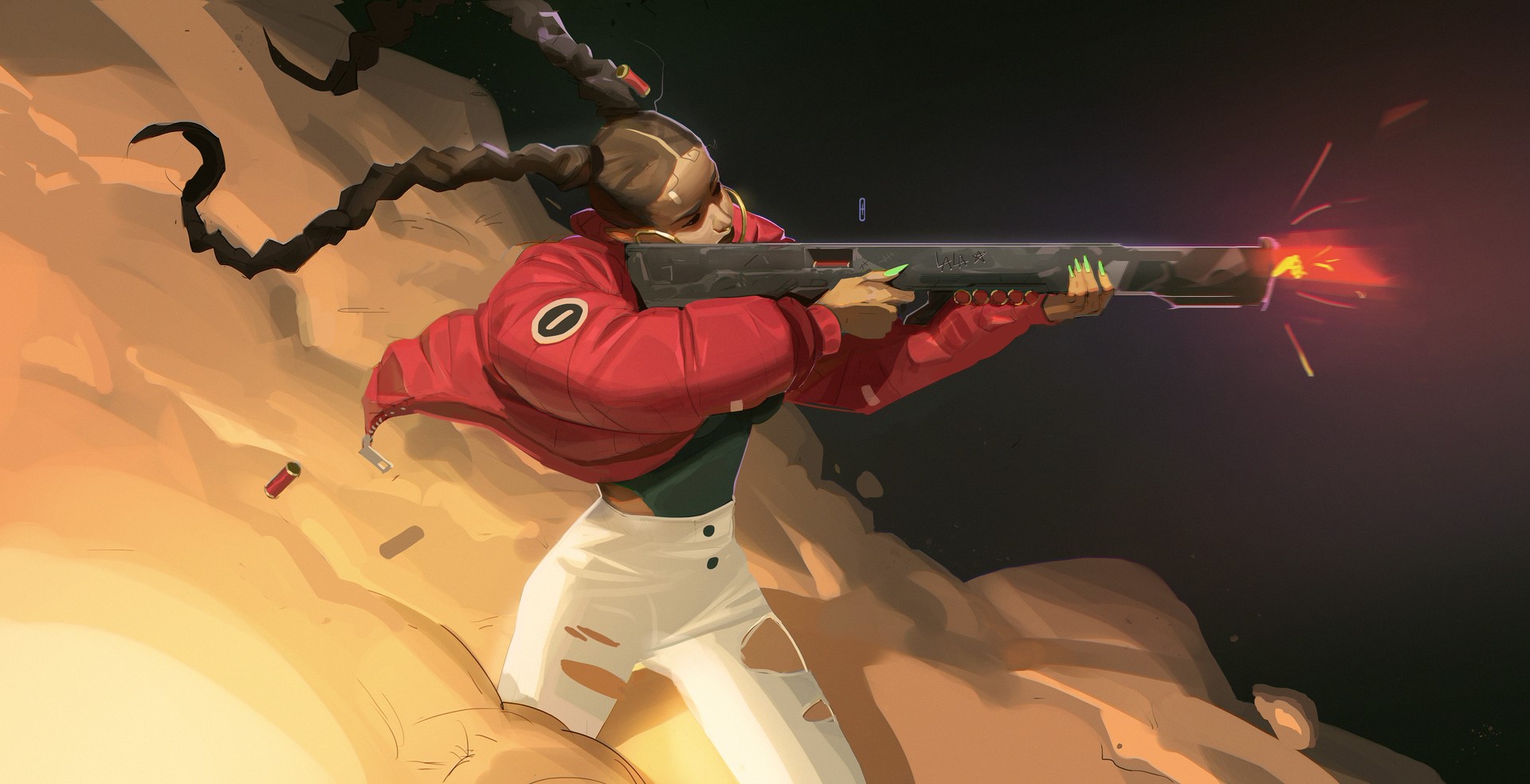 Woman in red jacket firing a shotgun HD Wallpaper