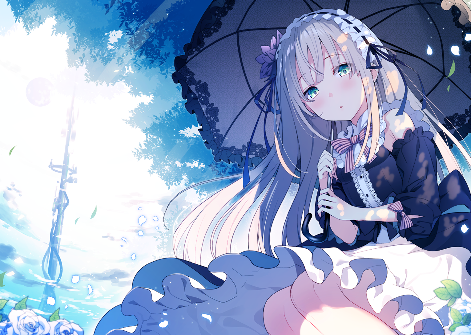 Anime girl with long hair holding an umbrella HD Wallpaper