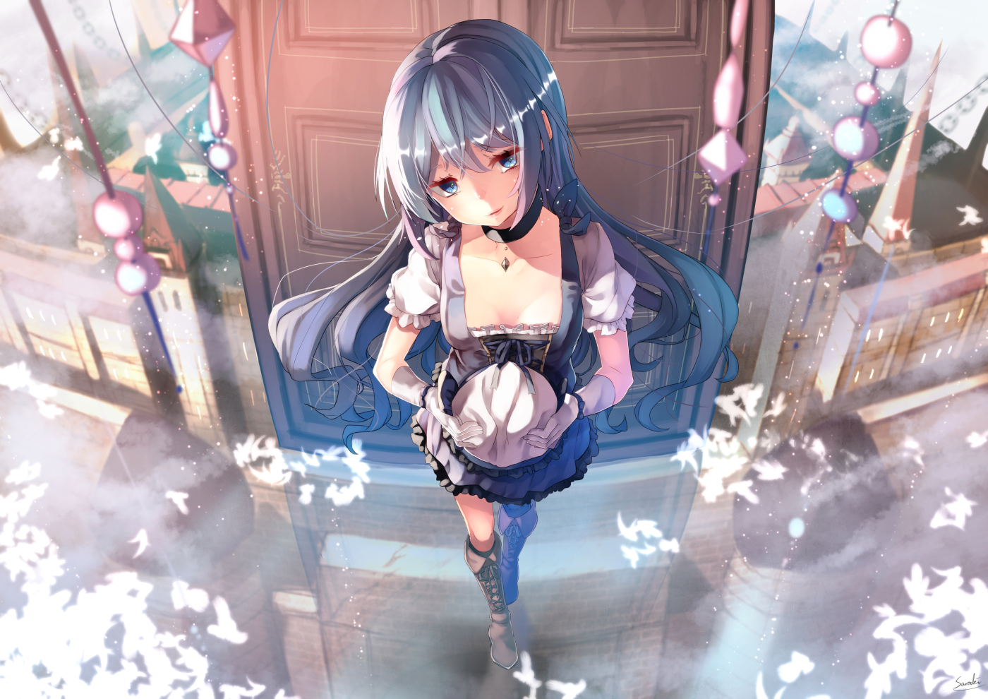 Anime girl with blue hair in maid outfit HD Wallpaper