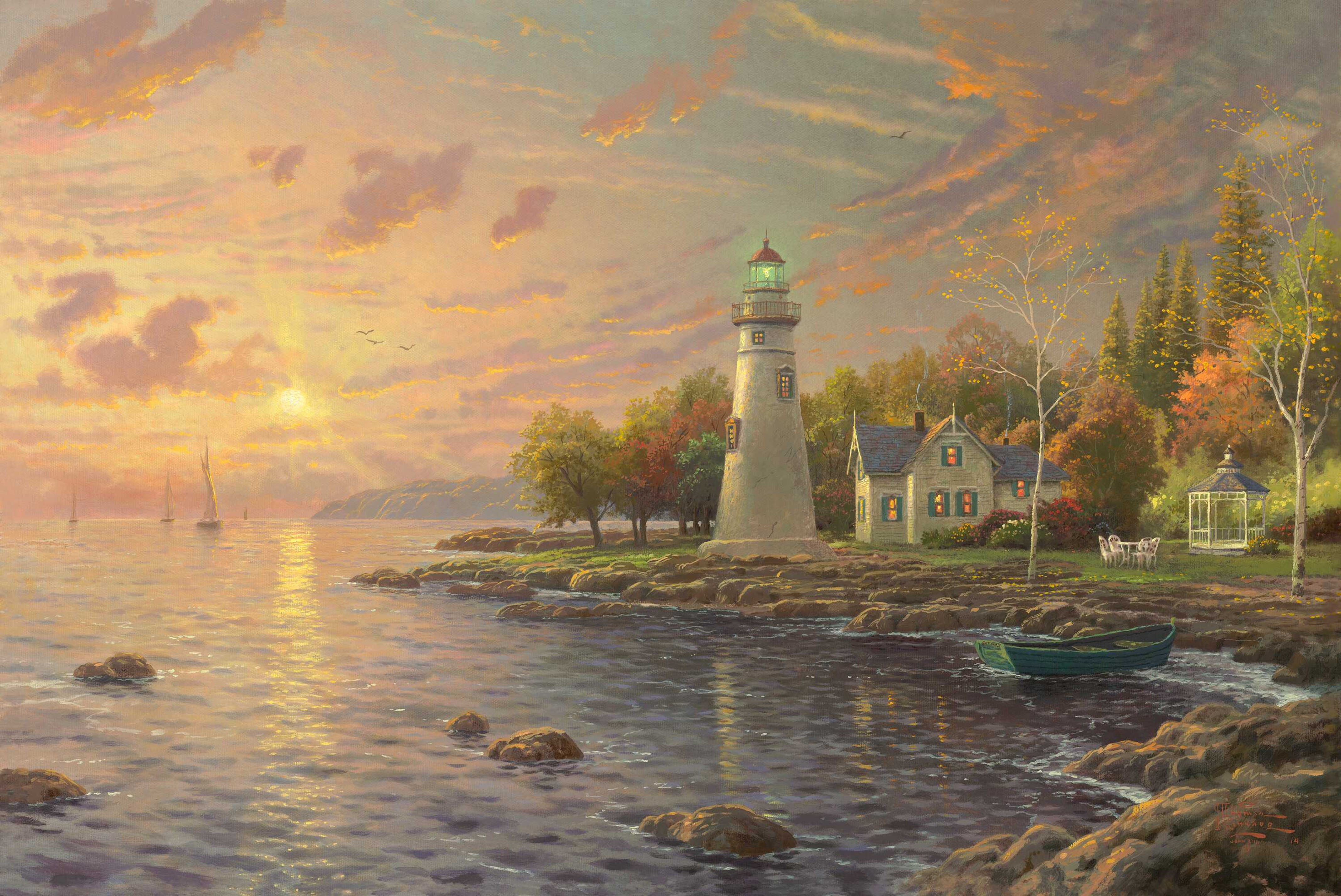 Painting of a lighthouse and house by the water at sunset HD Wallpaper