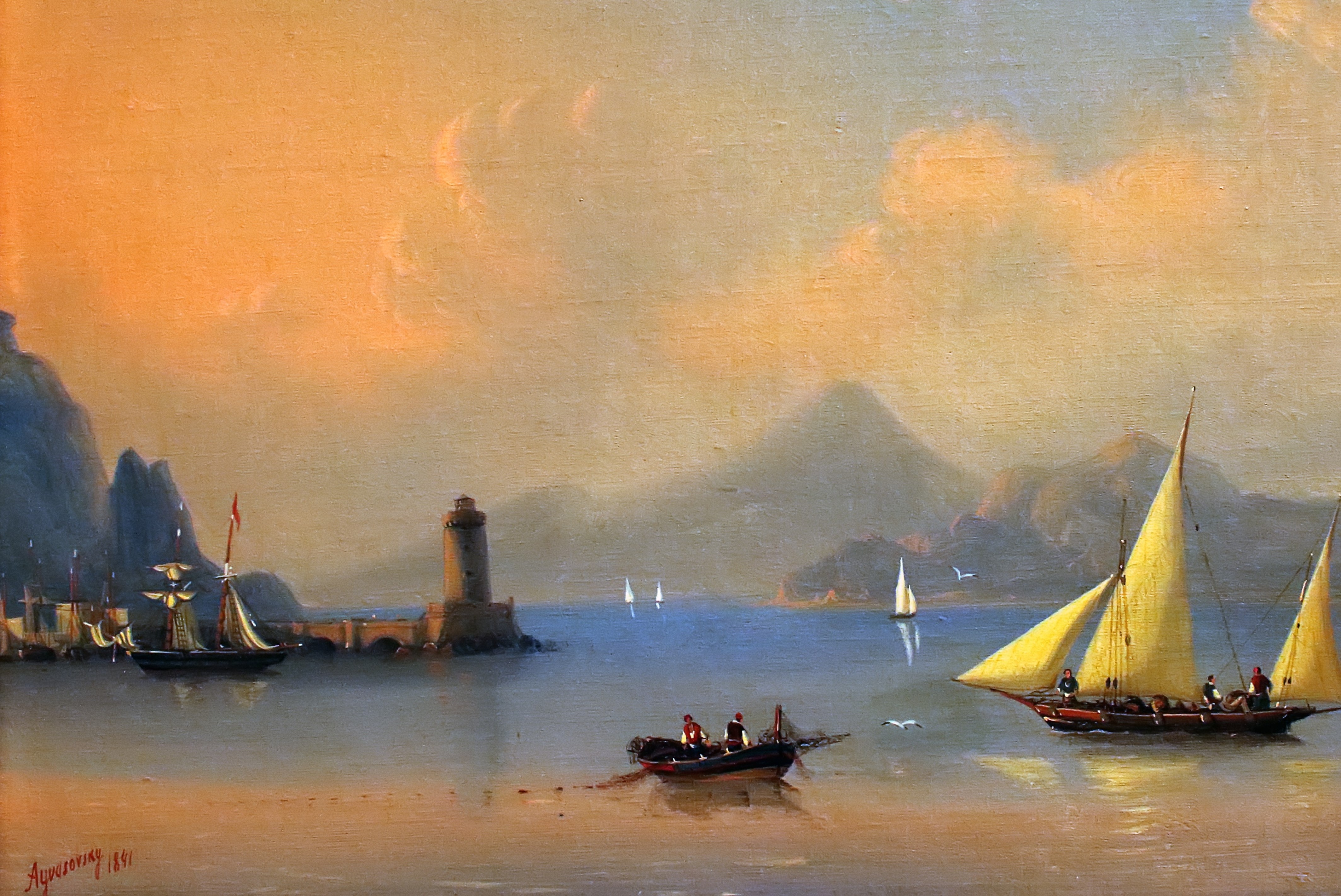 Painting of a Lighthouse and Sailboats HD Wallpaper