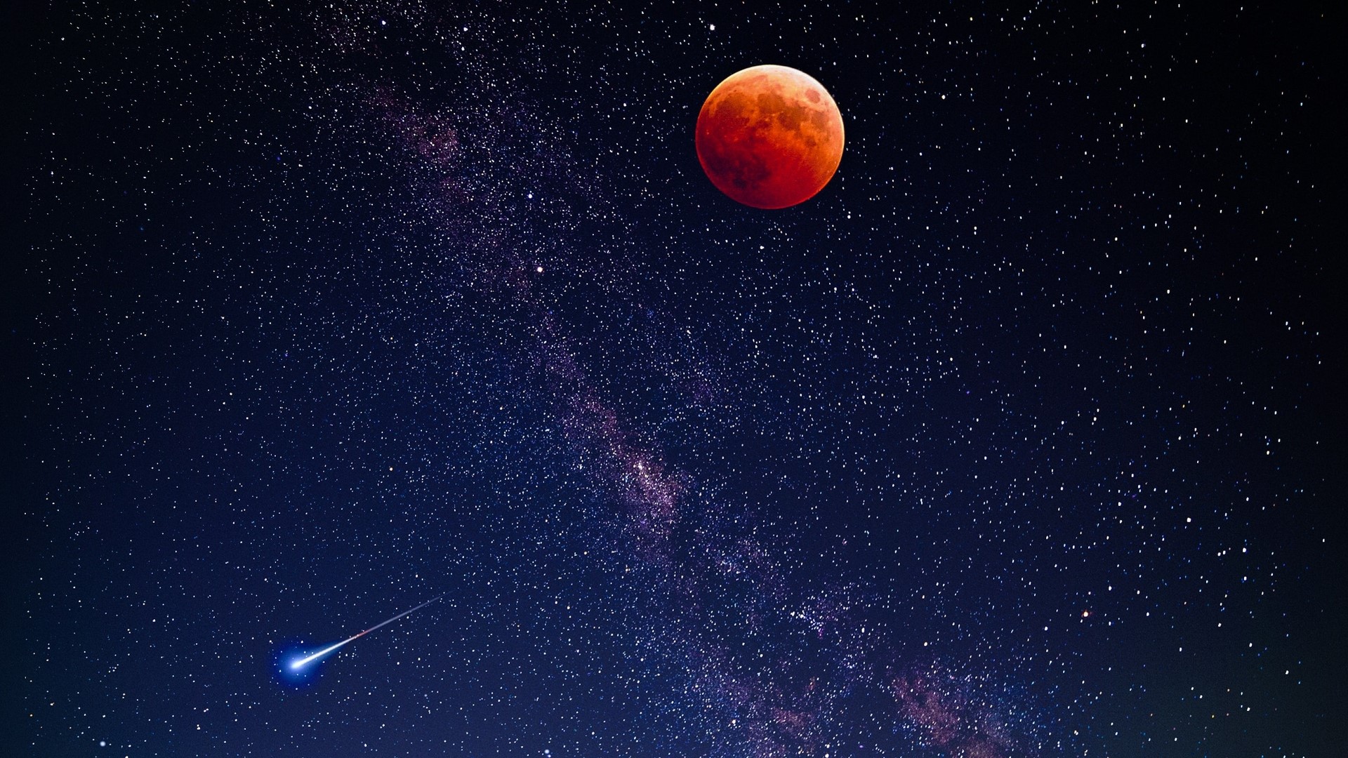 Blood Moon and Meteor Shower in Starry Night Sky HD Wallpaper