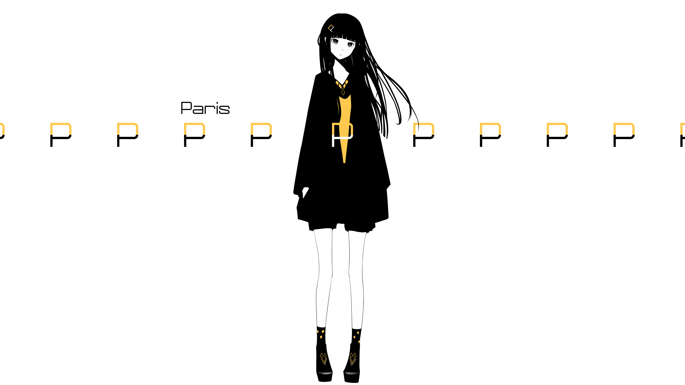 Anime girl with long black hair and Paris text HD Wallpaper