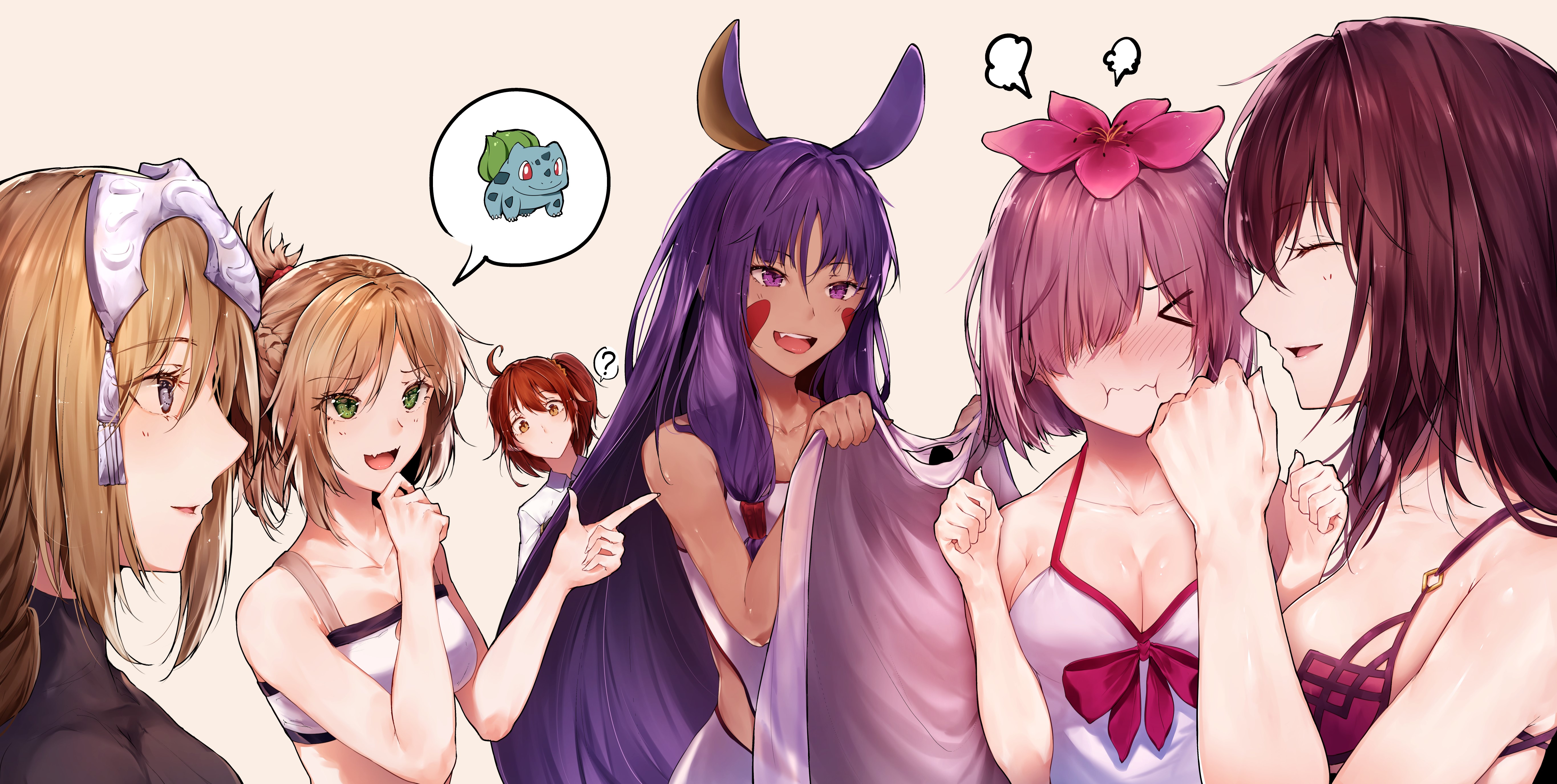 Anime girls with Bulbasaur thought bubble HD Wallpaper