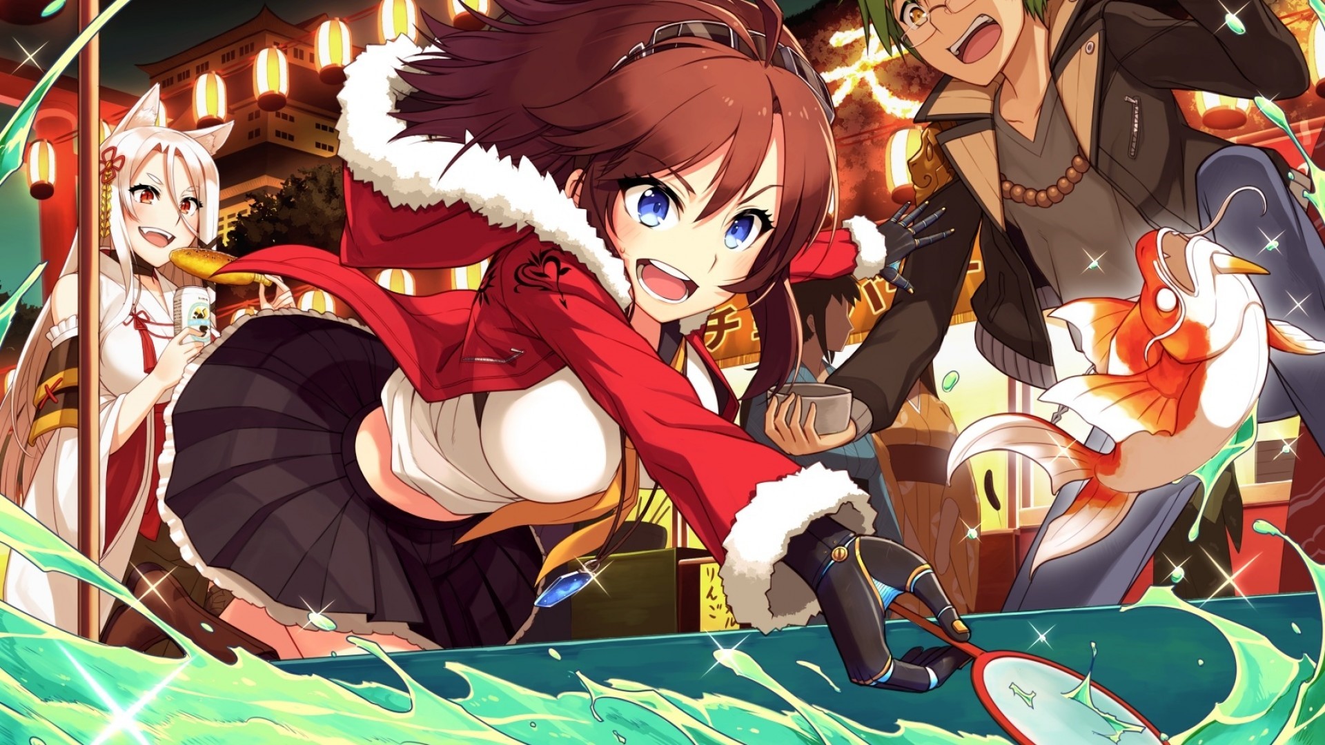 Anime characters at a festival with goldfish scooping HD Wallpaper