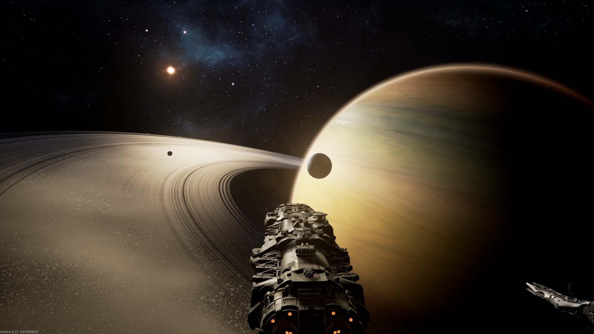 Spaceship near Saturn-like planet and rings HD Wallpaper
