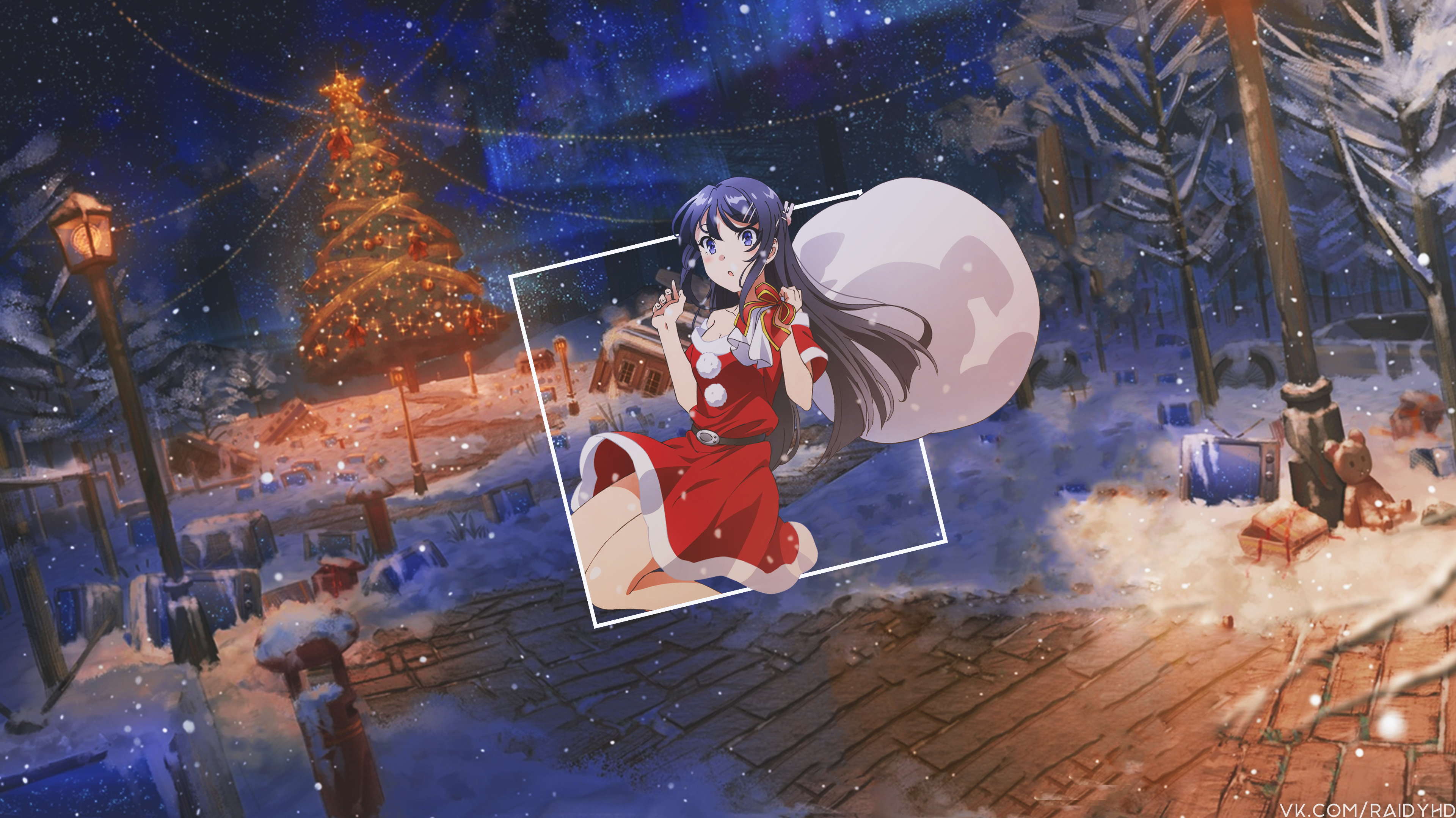 Anime girl in Santa outfit with gift bag HD Wallpaper