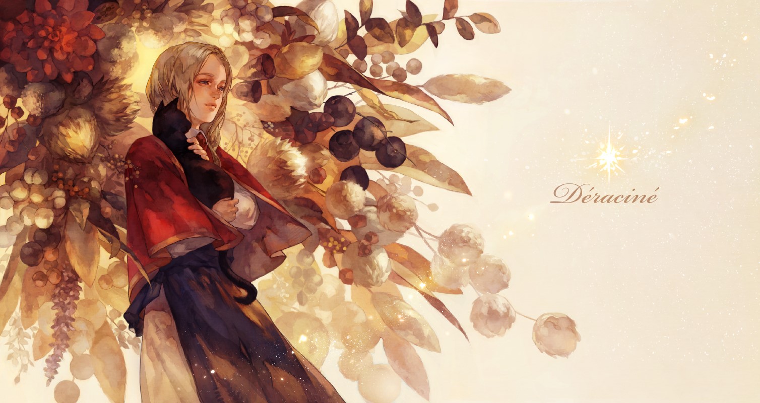 Anime girl holding a black cat with flowers HD Wallpaper