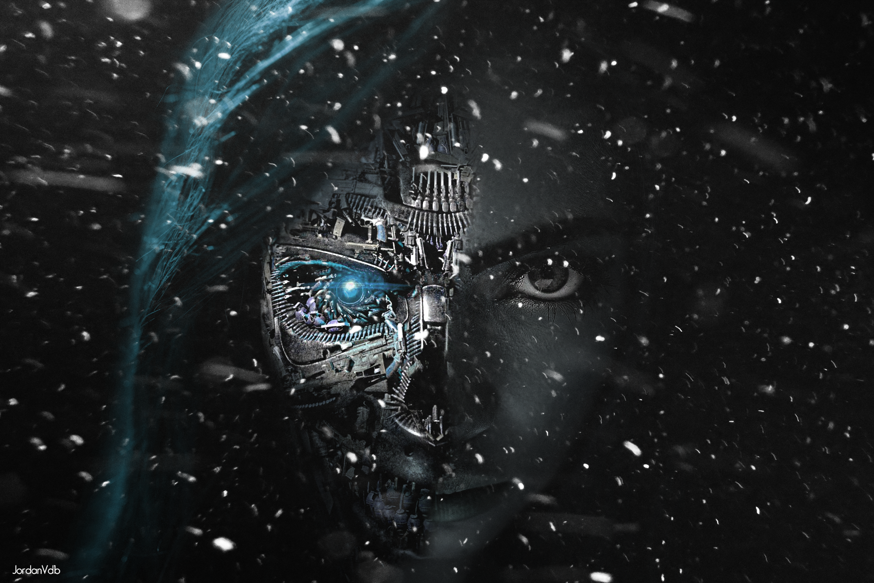 Woman with cyborg eye in snow HD Wallpaper