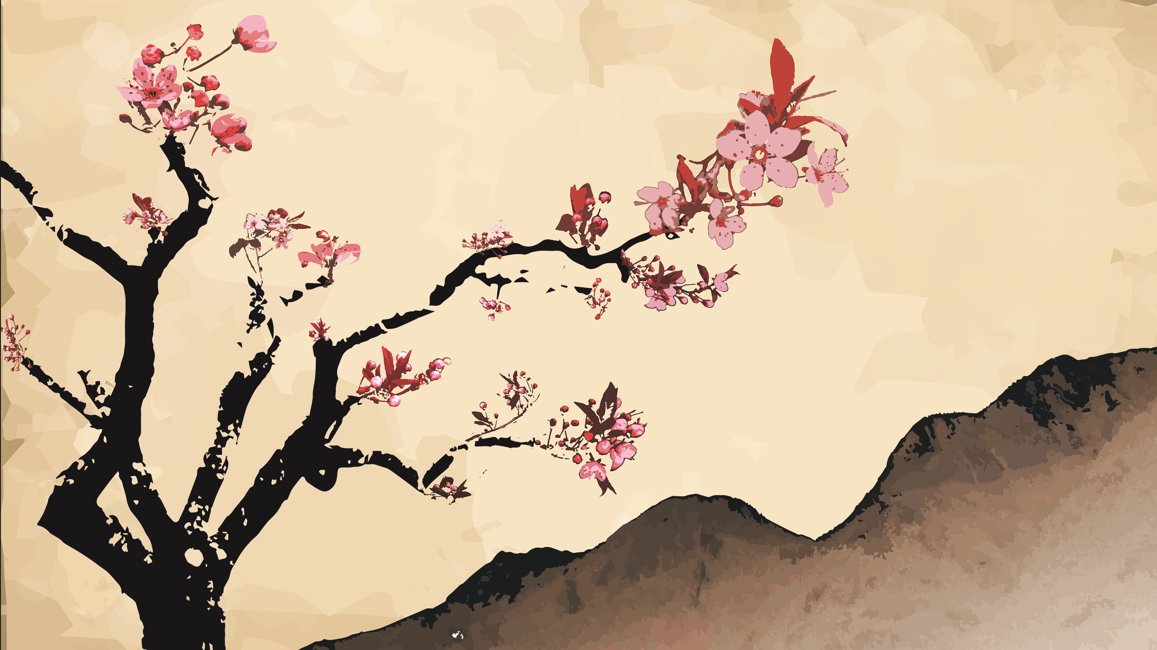 Sakura tree with pink flowers and mountains HD Wallpaper