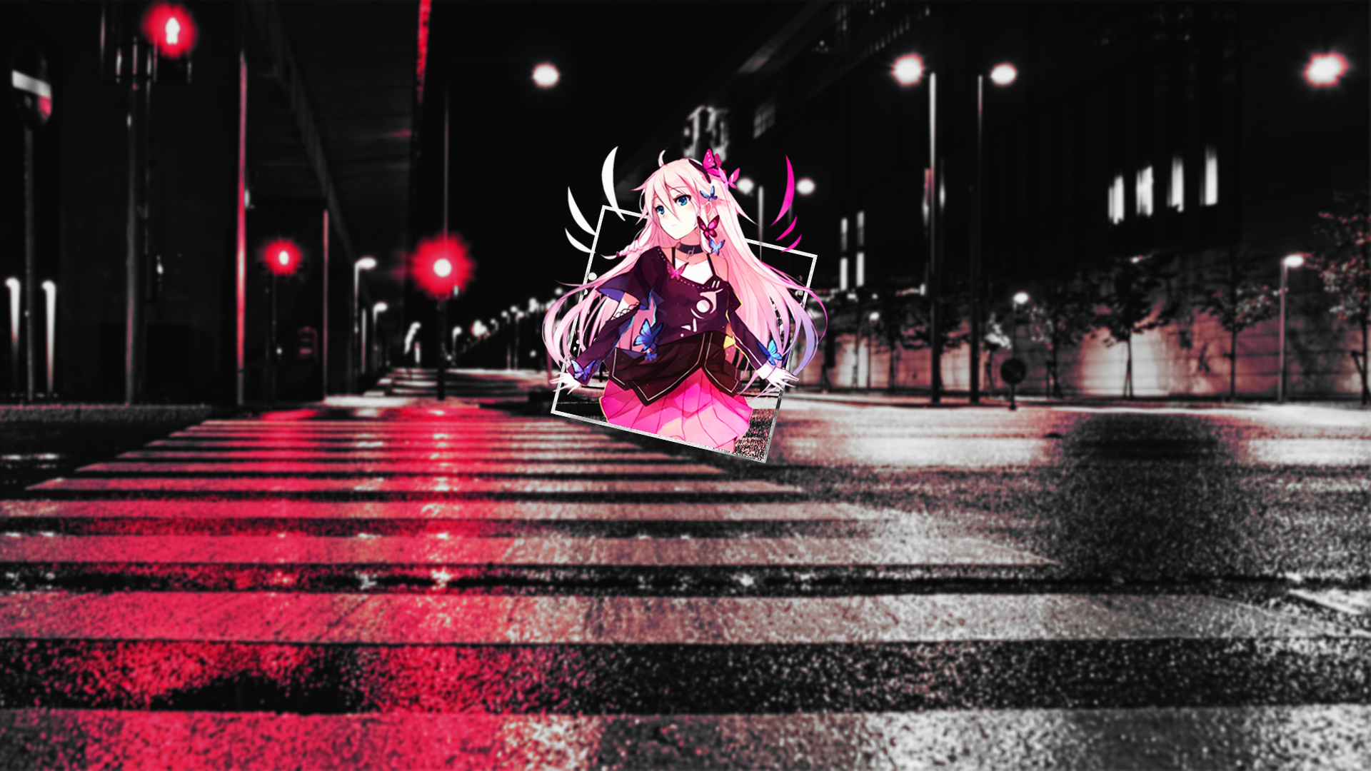 Anime girl with pink hair on a city street at night HD Wallpaper