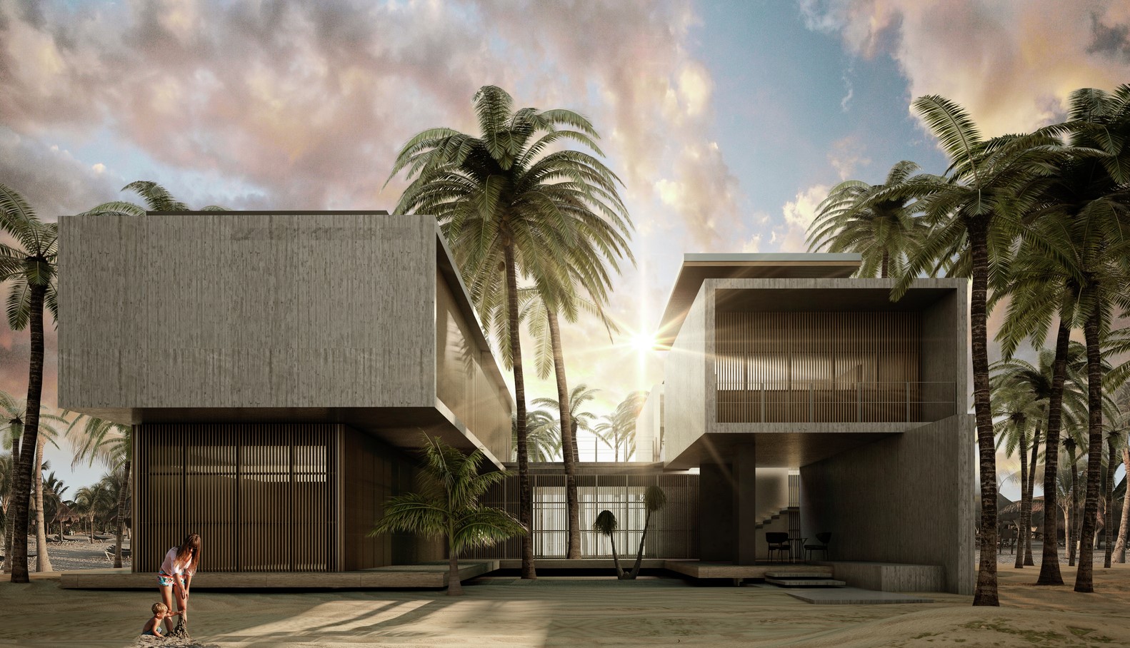 Modern concrete house with palm trees on a beach HD Wallpaper