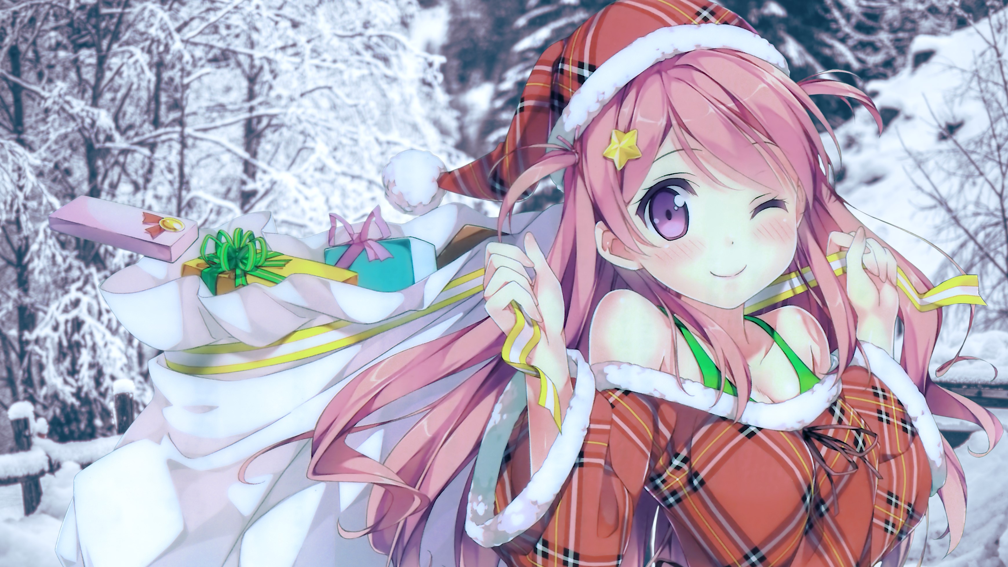 Anime girl with pink hair and Santa hat holding presents in snow HD Wallpaper