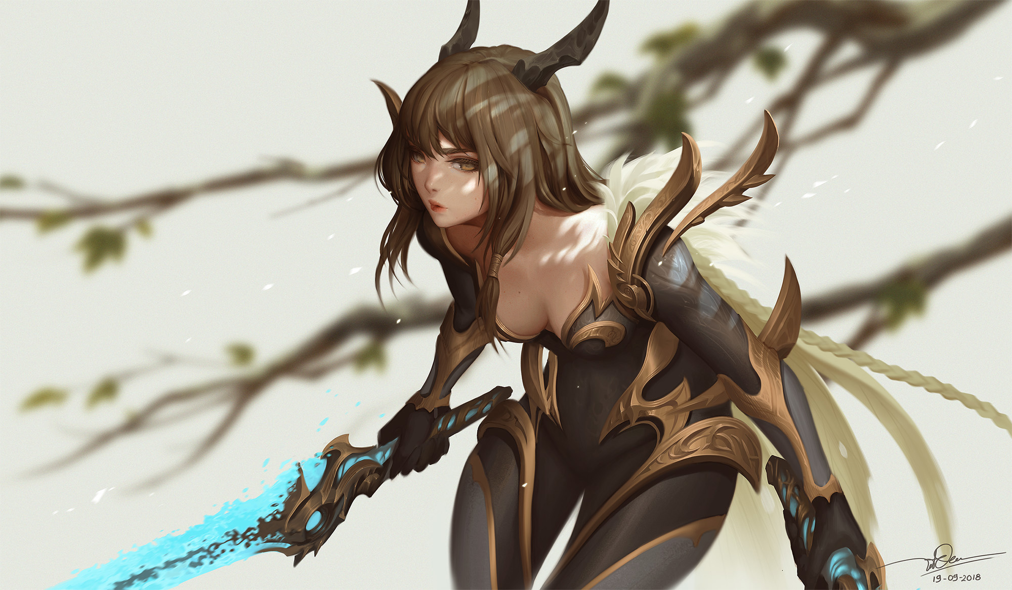 Anime girl with horns and sword by Dao Le Trong HD Wallpaper