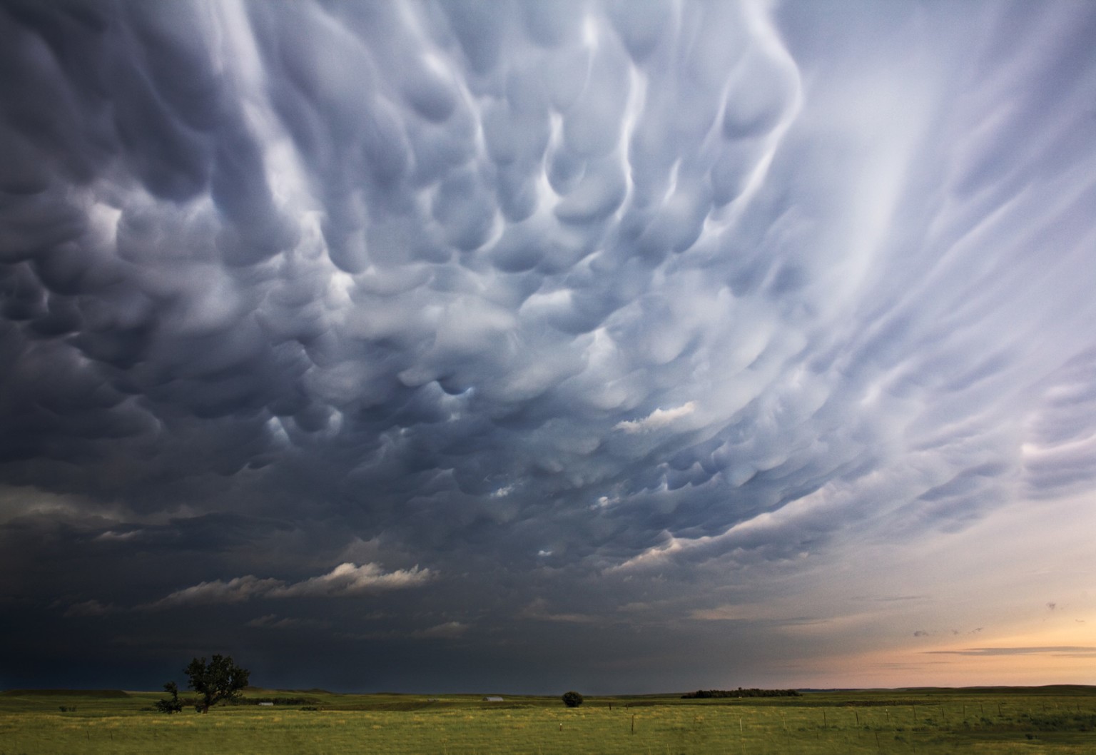 Mammatus clouds over a grassy field with trees HD Wallpaper