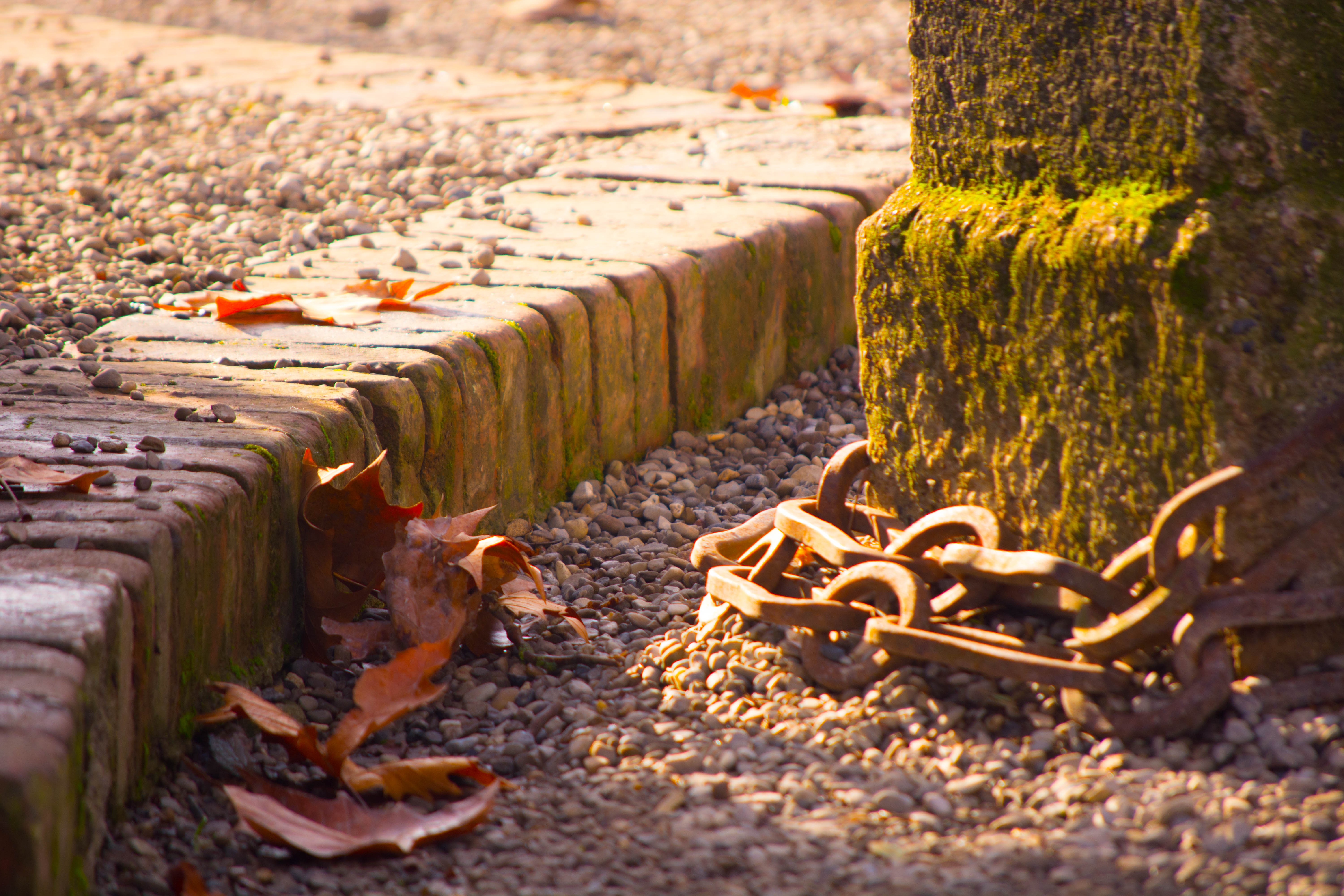 Rusty chain near mossy stone and brick border HD Wallpaper