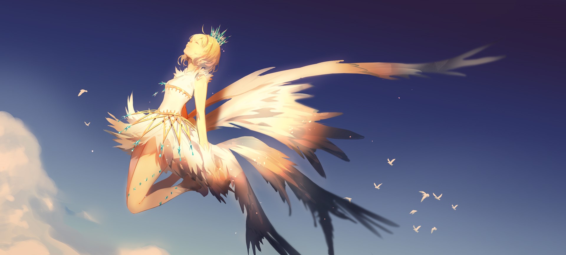 Anime girl with wings and crown in the sky HD Wallpaper
