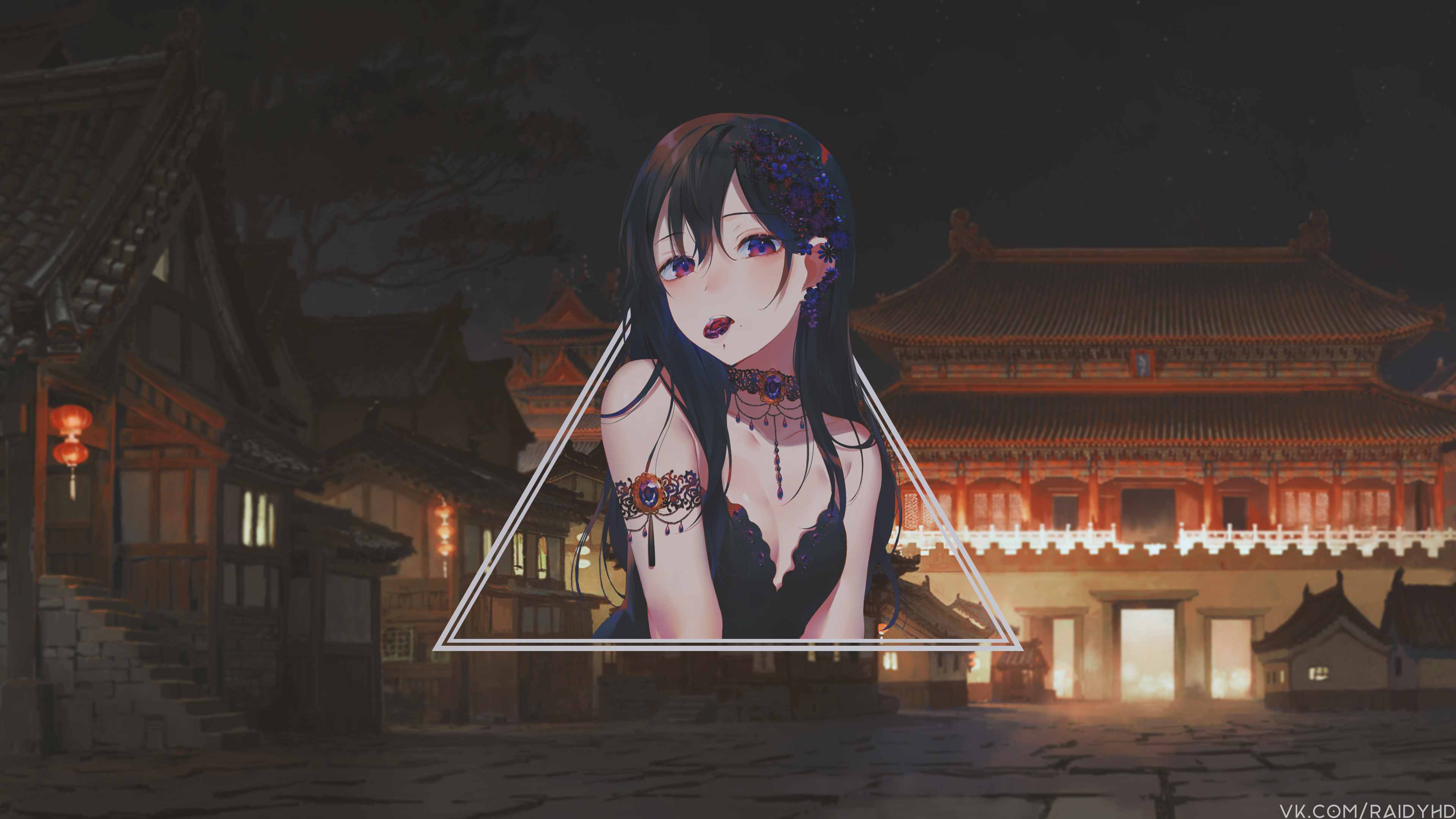 Anime girl in black dress with traditional Asian buildings HD Wallpaper