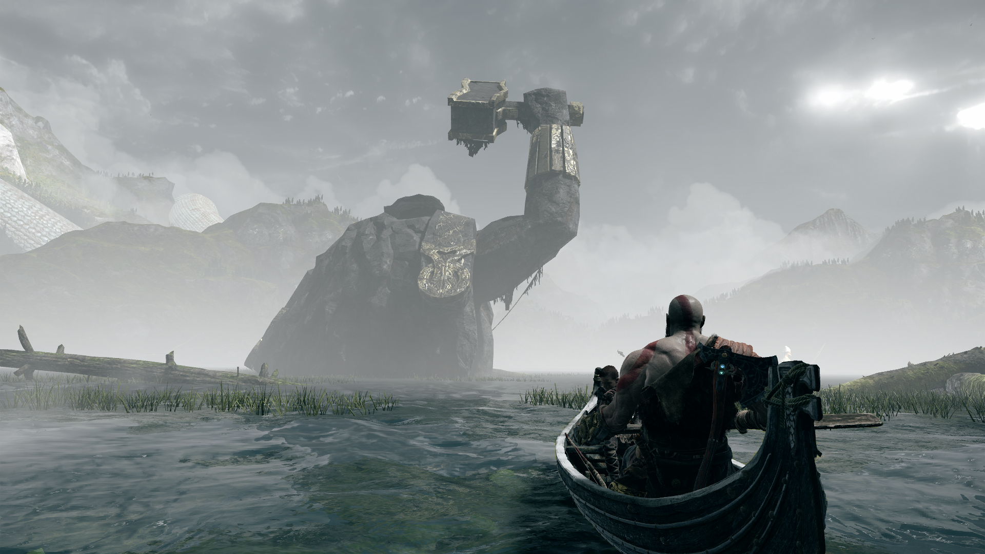 Kratos from God of War in a boat near a giant statue HD Wallpaper