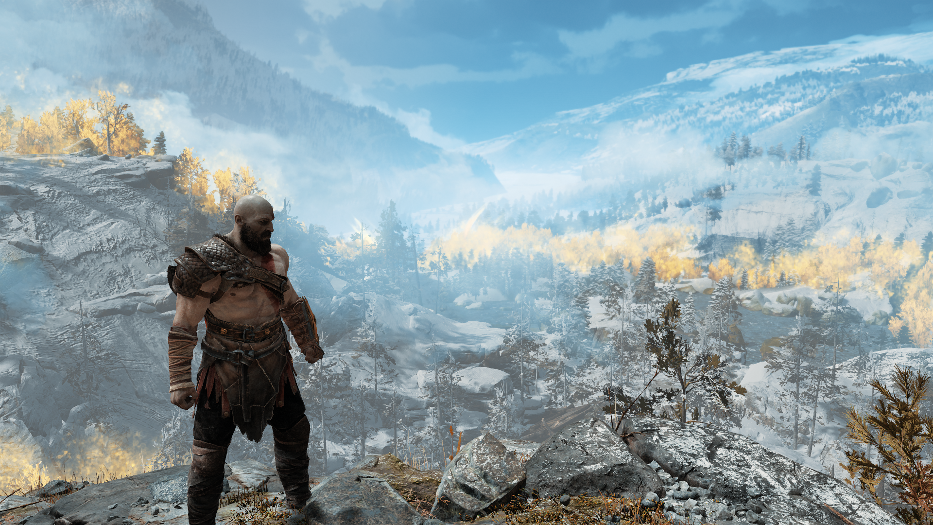 Kratos from God of War in a snowy landscape HD Wallpaper