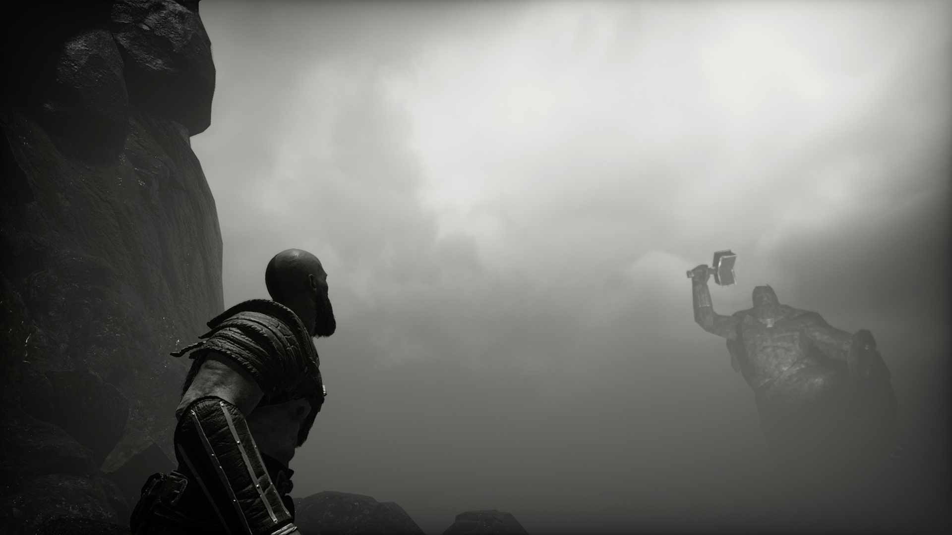 Kratos from God of War facing a statue in fog HD Wallpaper