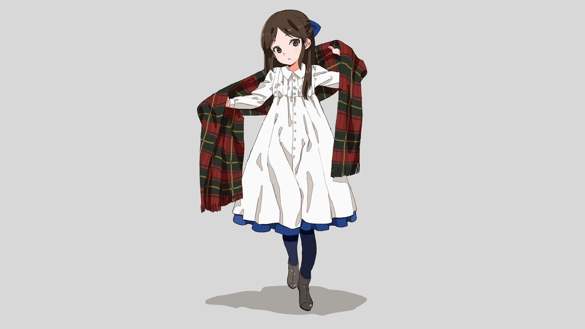 Anime girl with long brown hair wearing a white dress and scarf HD Wallpaper
