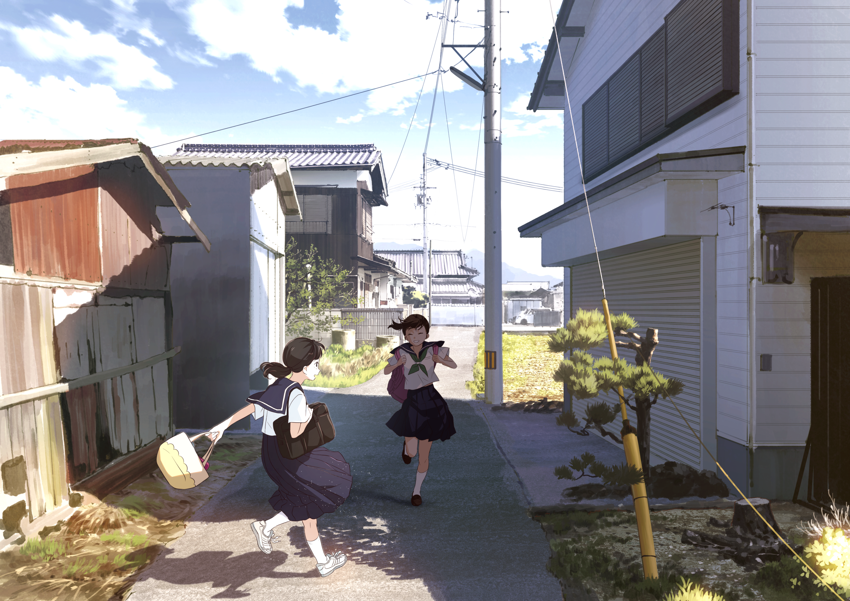 Anime girls in school uniforms running down a street HD Wallpaper
