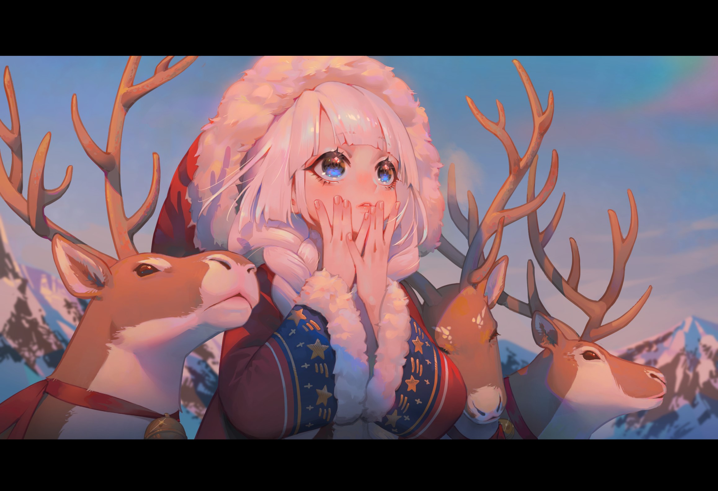 Anime girl in Santa outfit with reindeer in snowy mountains HD Wallpaper