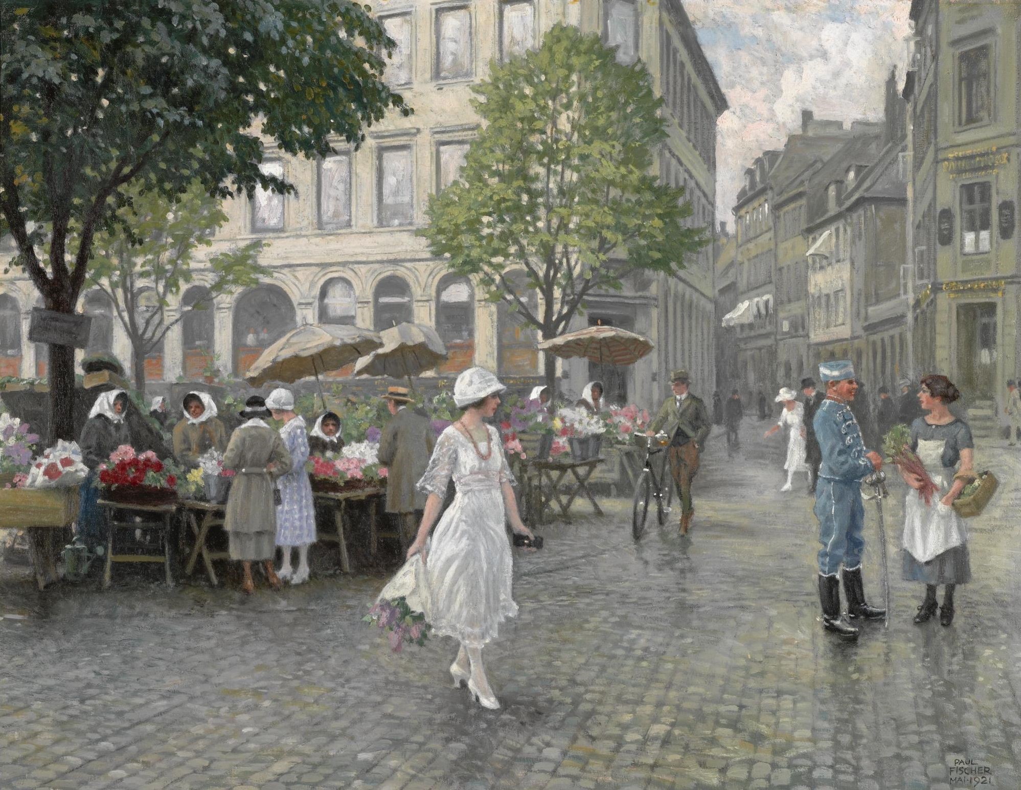 A painting of a city street scene with flower vendors HD Wallpaper