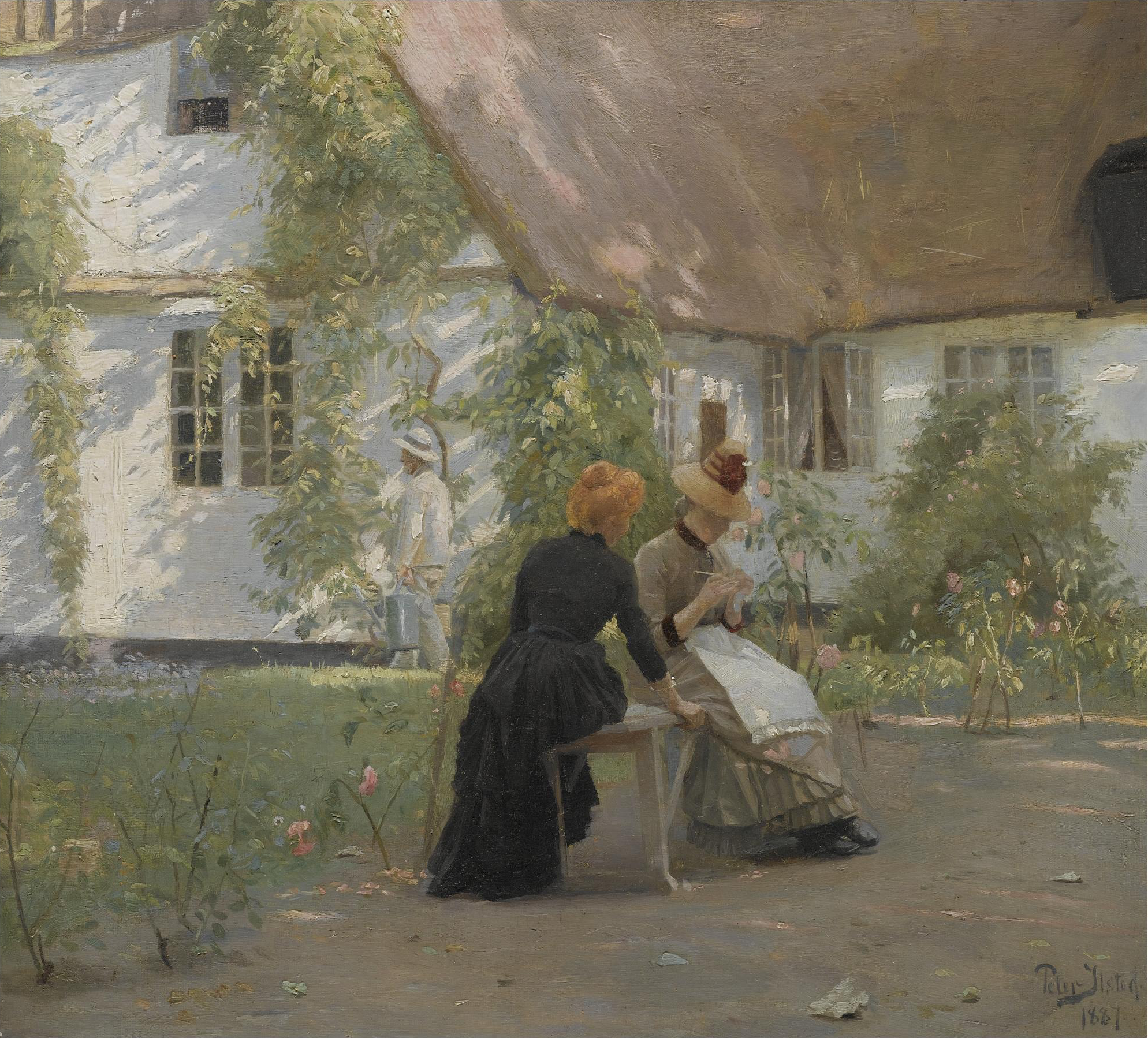 Two women knitting outdoors by a thatched cottage HD Wallpaper