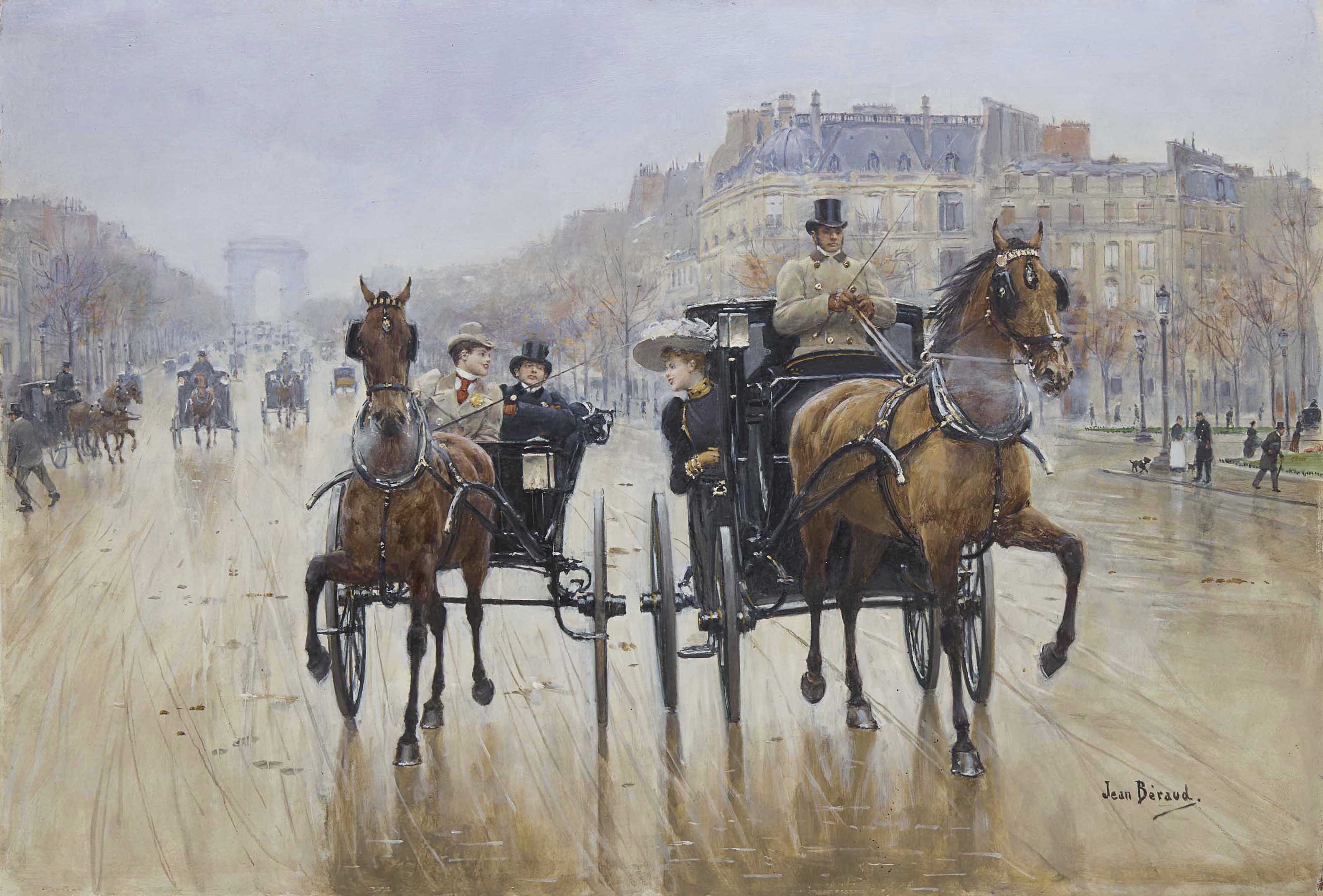 Jean Beraud painting of horse-drawn carriages on a Paris street HD Wallpaper