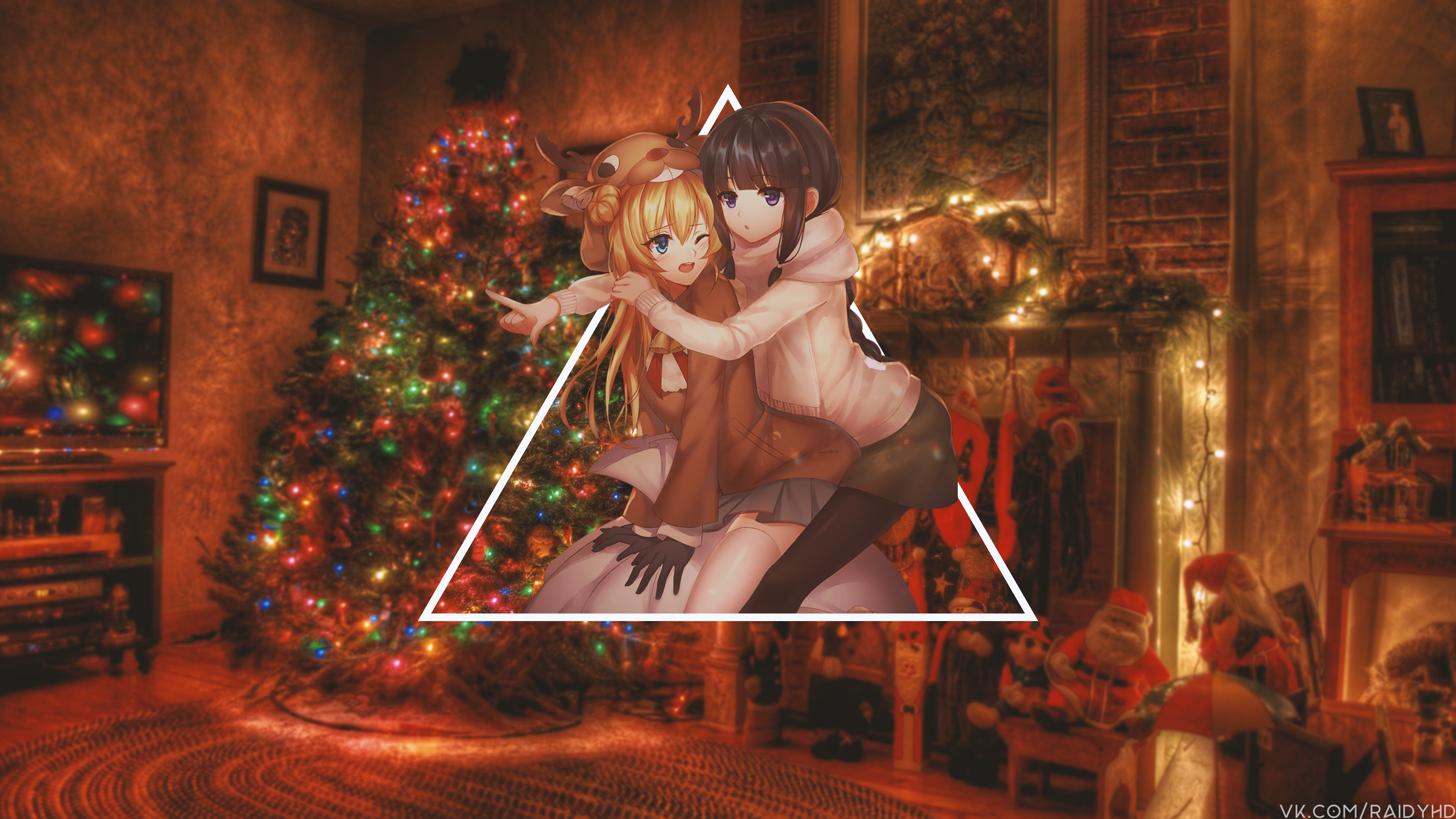 Anime girls in Christmas setting with tree and fireplace HD Wallpaper