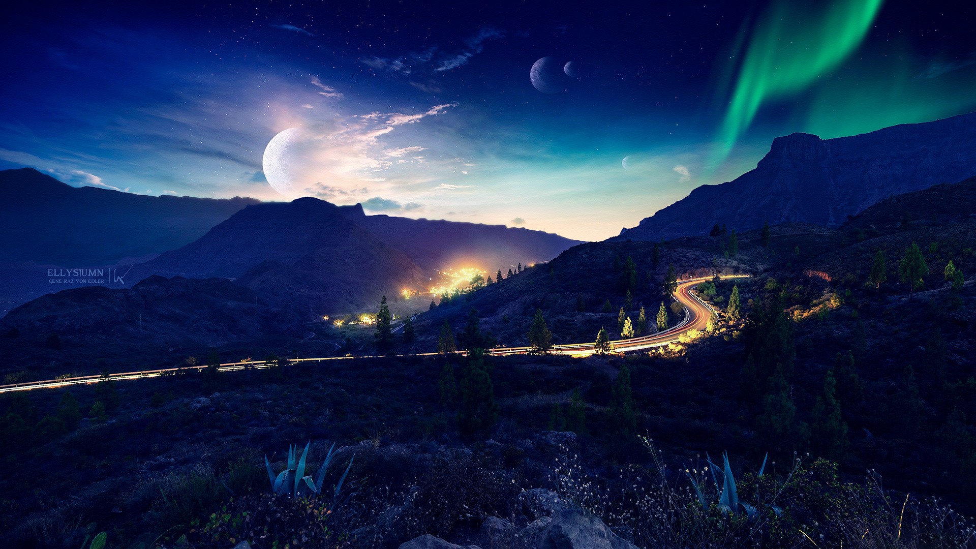 Digital art landscape of mountains, road, and aurora HD Wallpaper