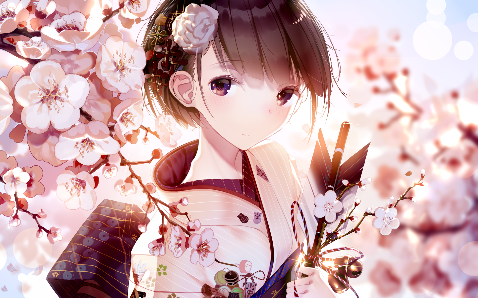 Anime girl in kimono with cherry blossoms HD Wallpaper