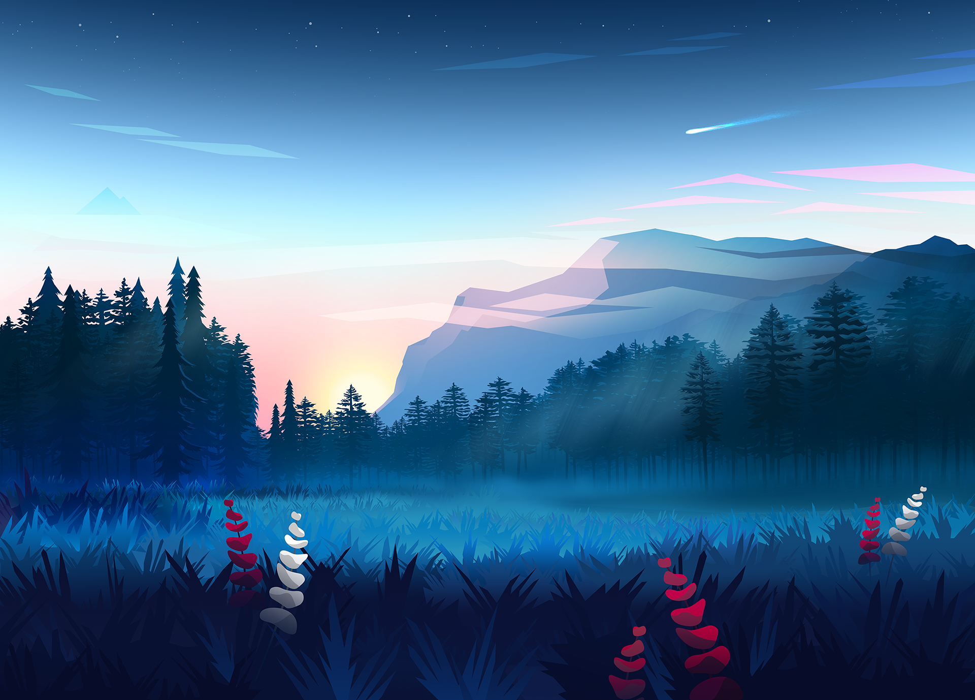 Digital art of a colorful mountain forest at sunset HD Wallpaper