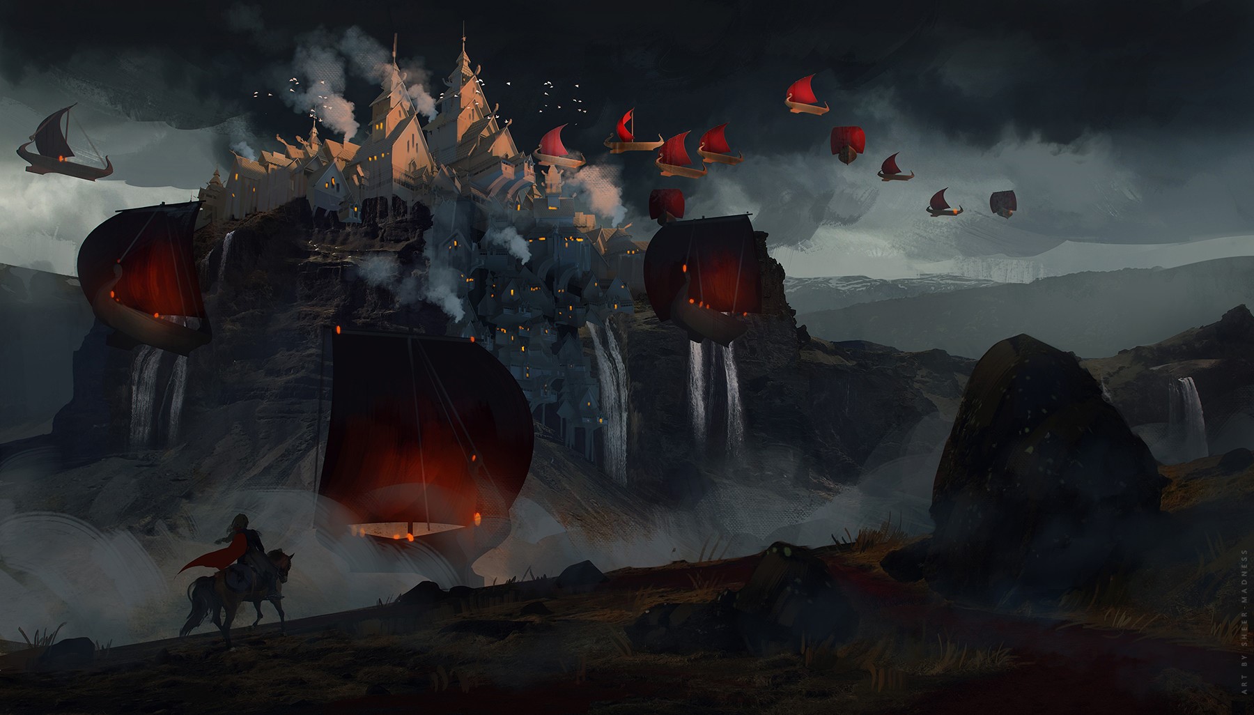 Fantasy town with airships and waterfalls HD Wallpaper
