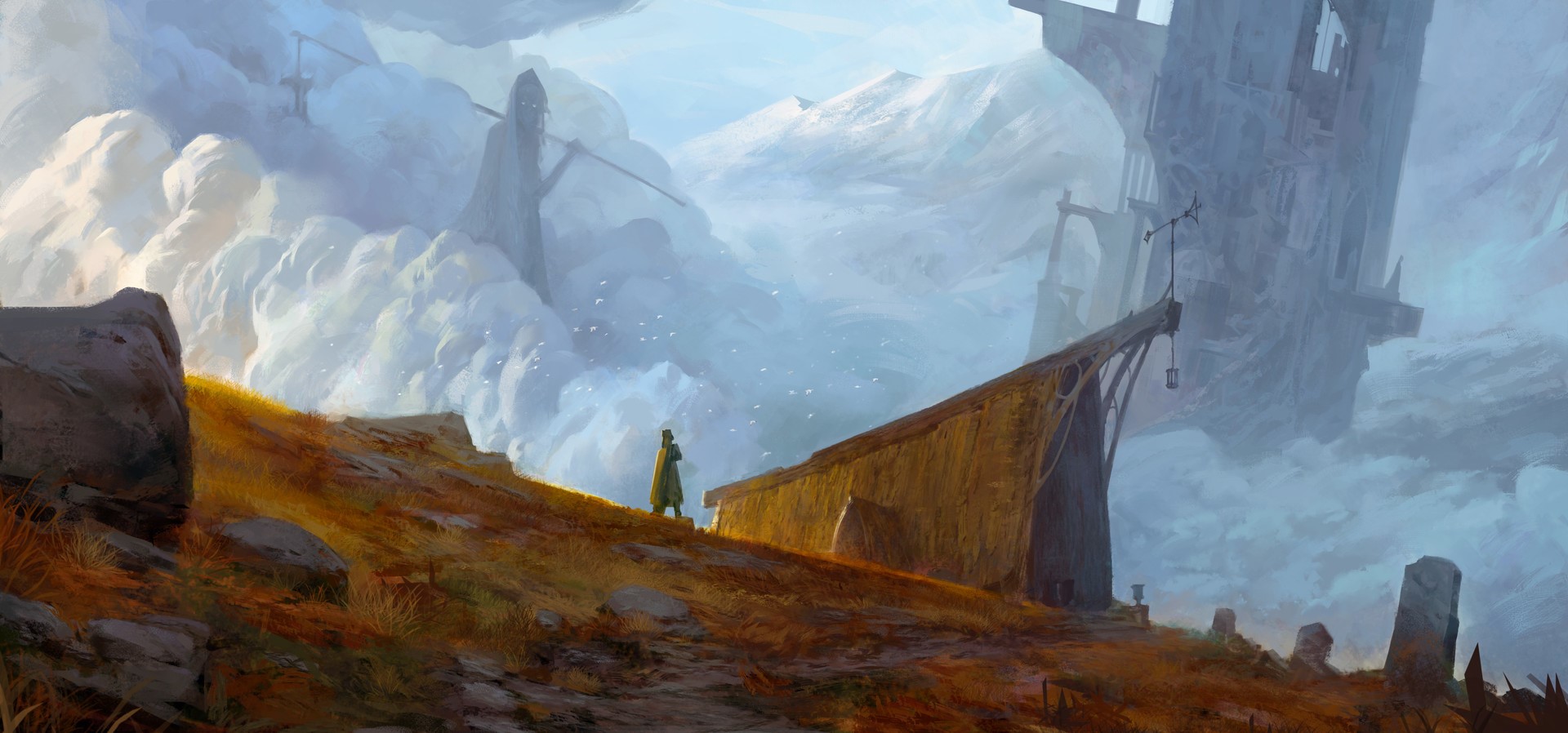Fantasy art of giants and ruins in the clouds HD Wallpaper
