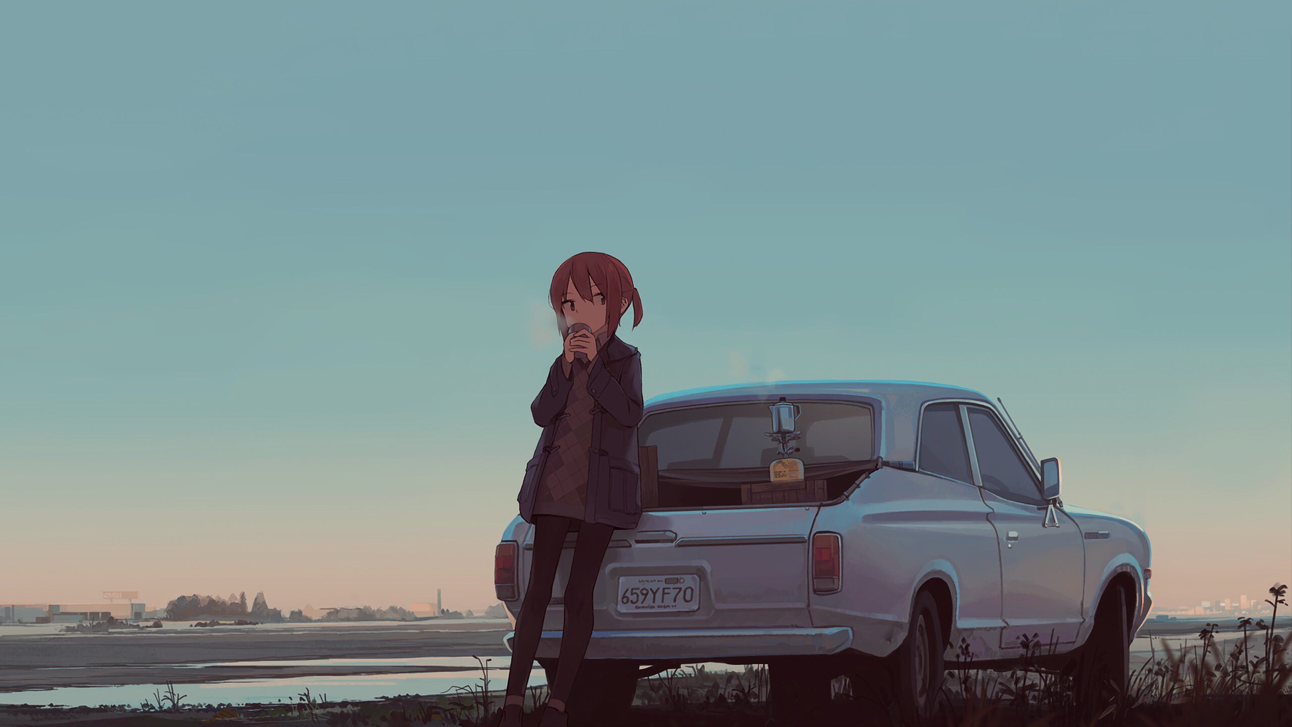 Anime girl with coffee by a Datsun car HD Wallpaper