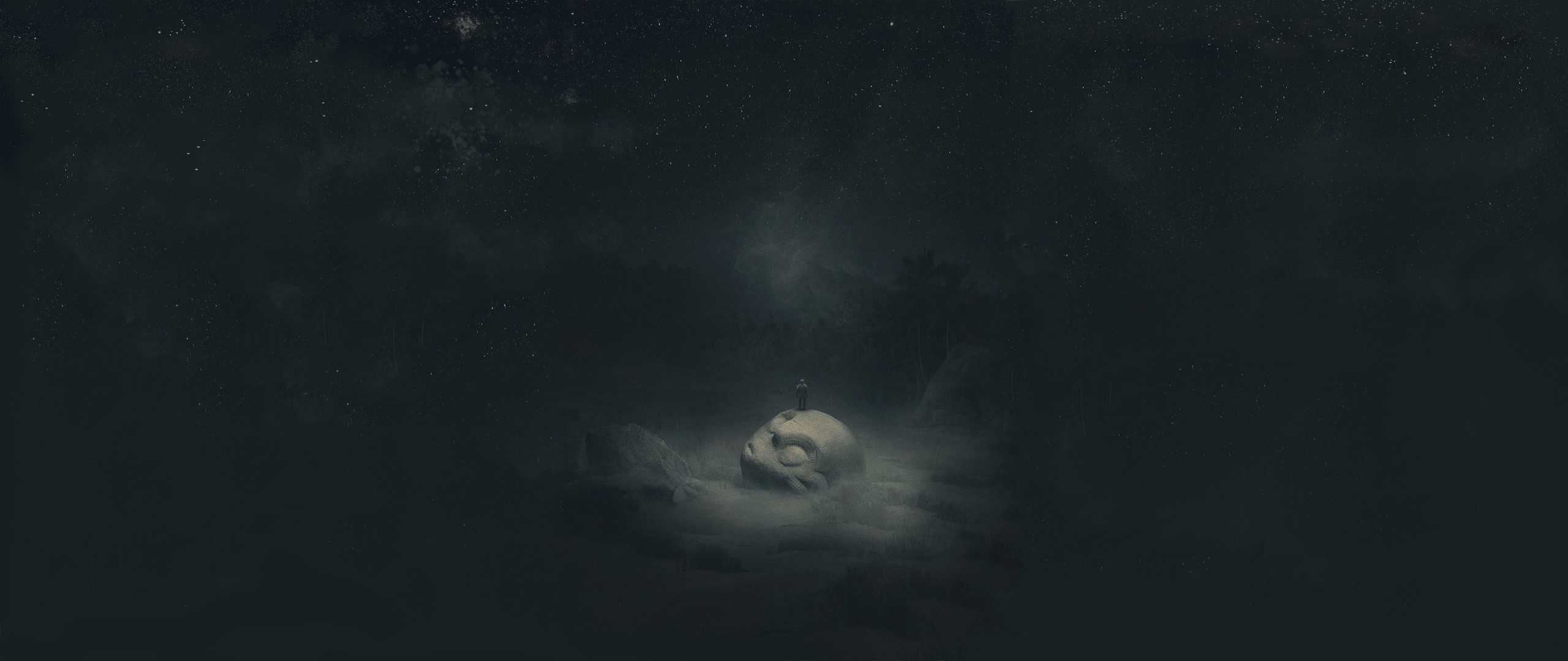 A lone figure stands on a giant skull under a starry sky HD Wallpaper
