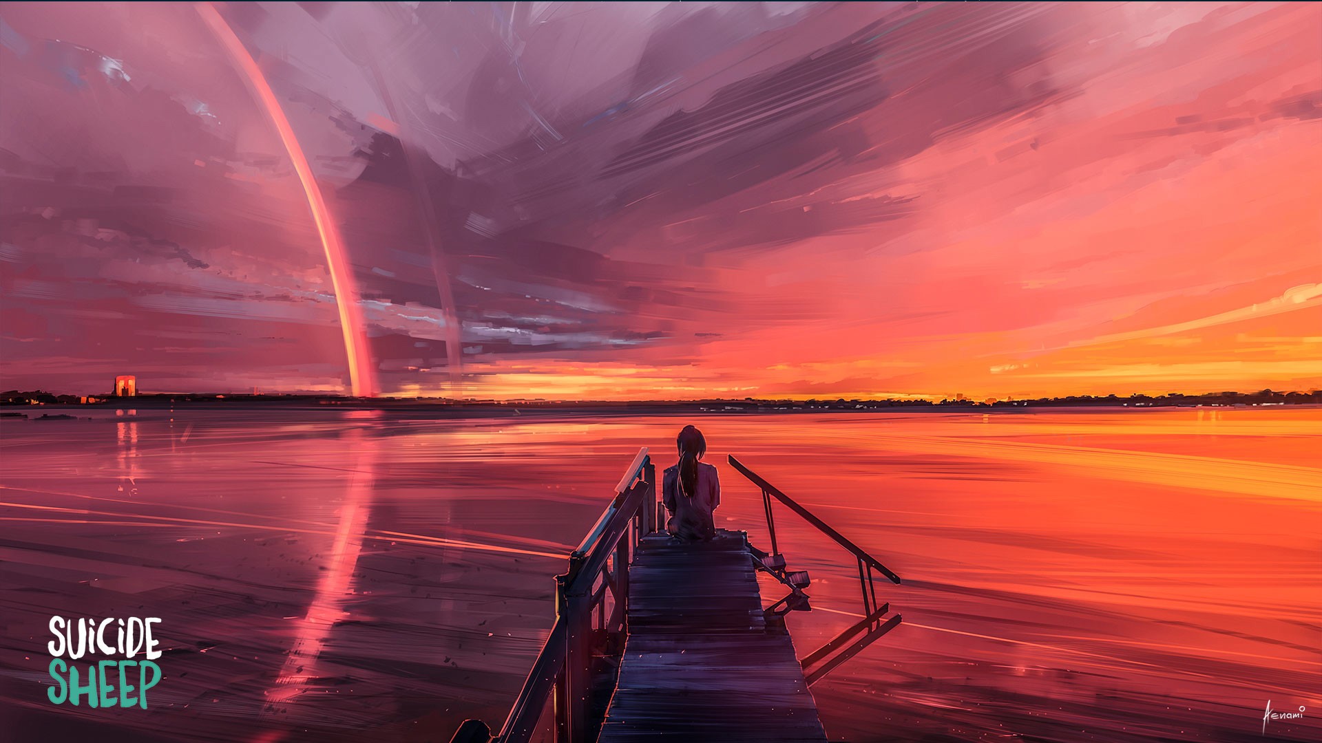 Digital art of a person on a pier at sunset HD Wallpaper