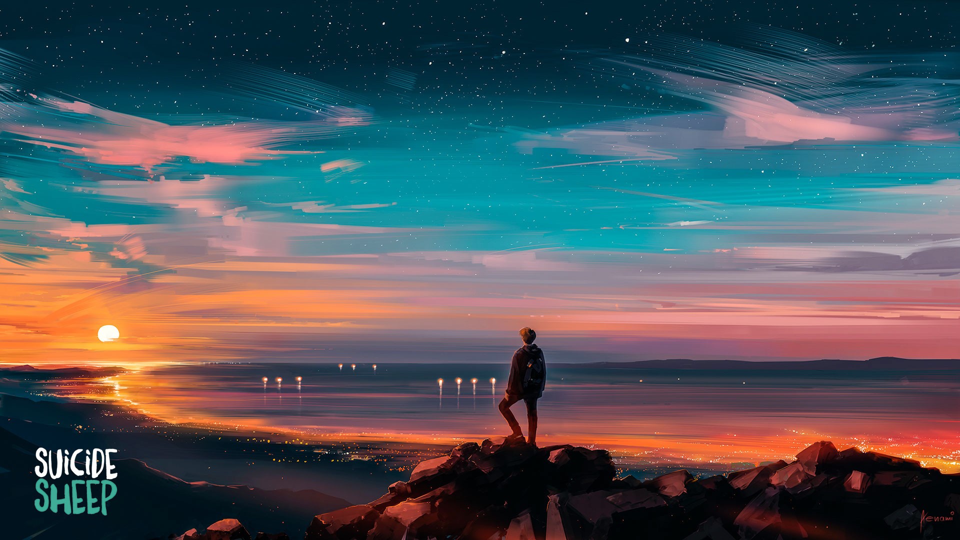 Sunset over the ocean with a person looking out HD Wallpaper