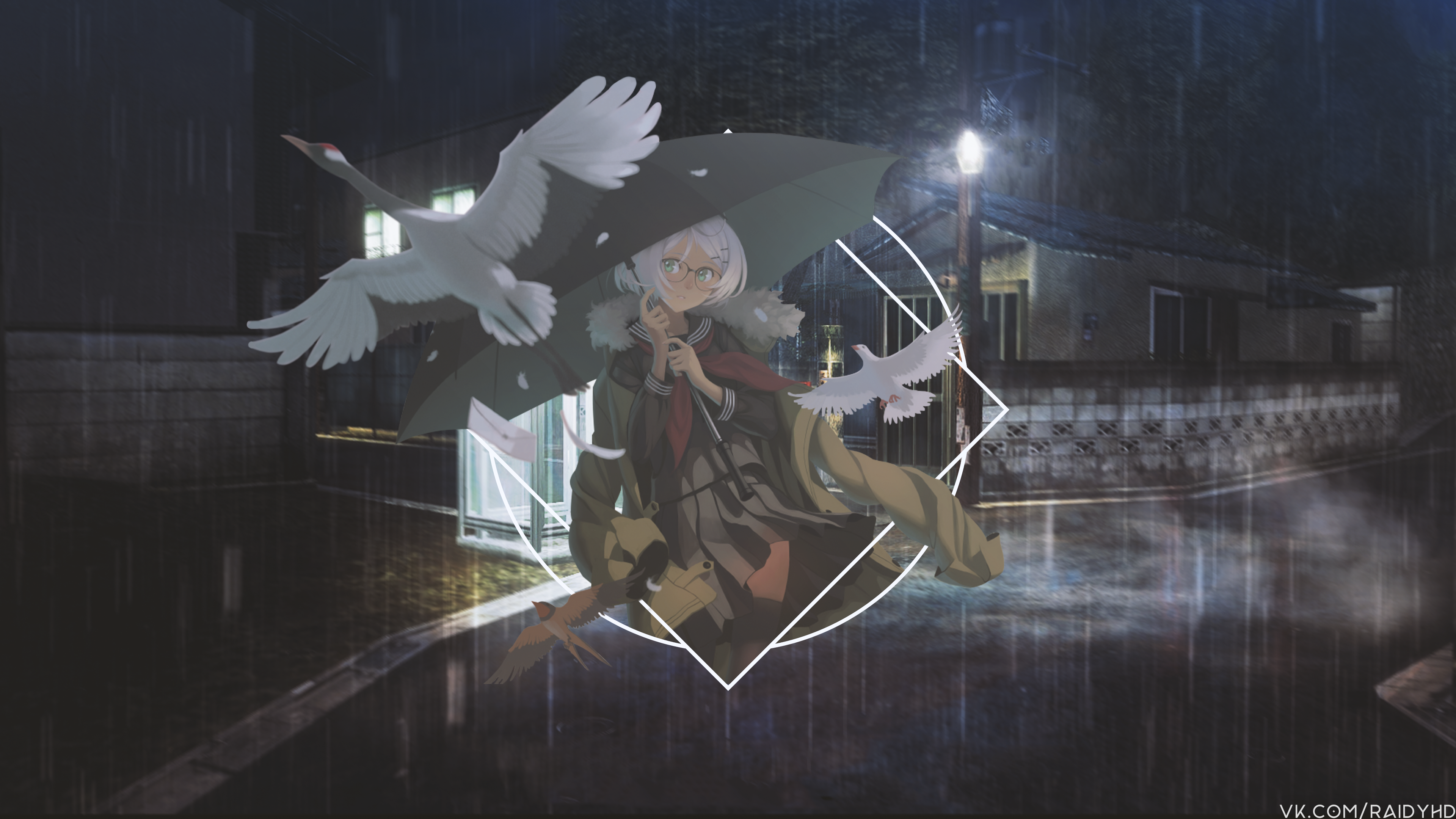Anime girl with umbrella and cranes in rain HD Wallpaper
