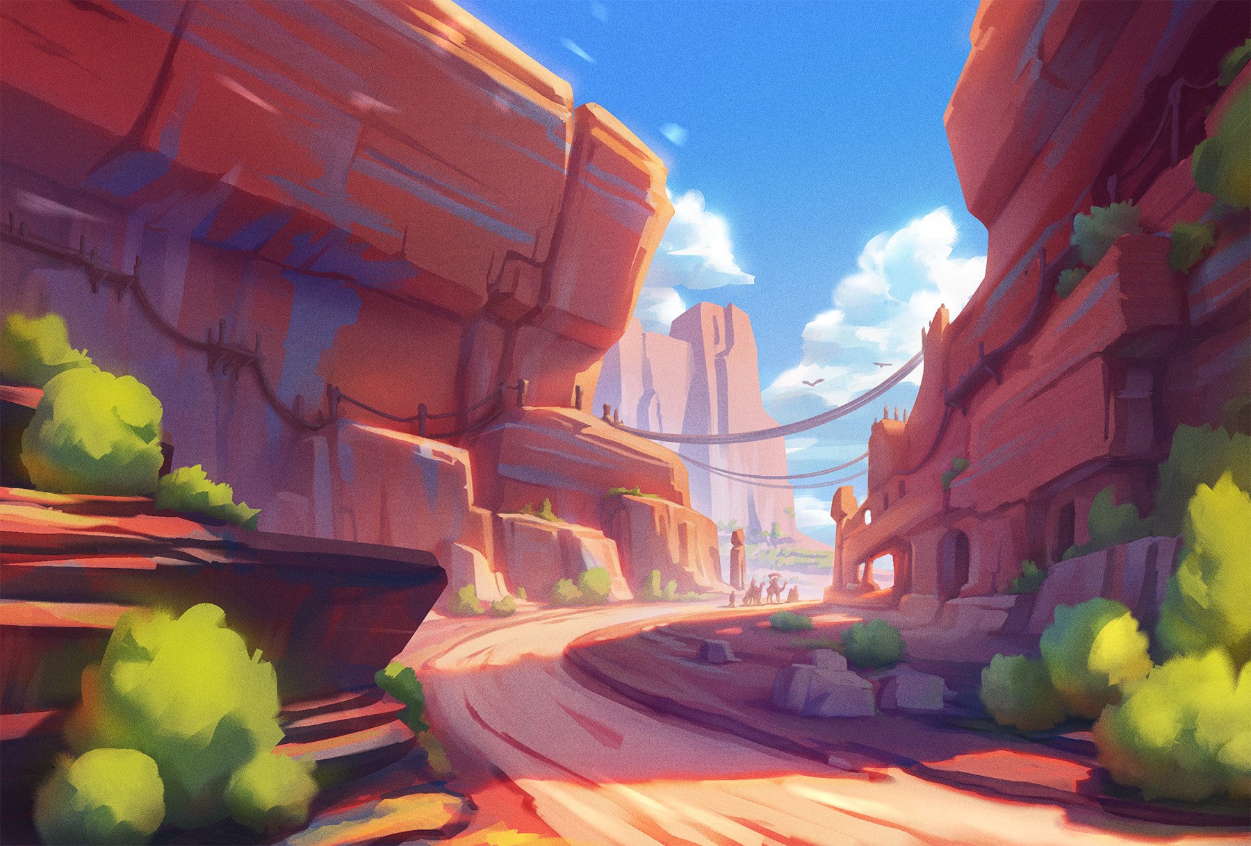 Desert canyon with a winding road and distant figures HD Wallpaper