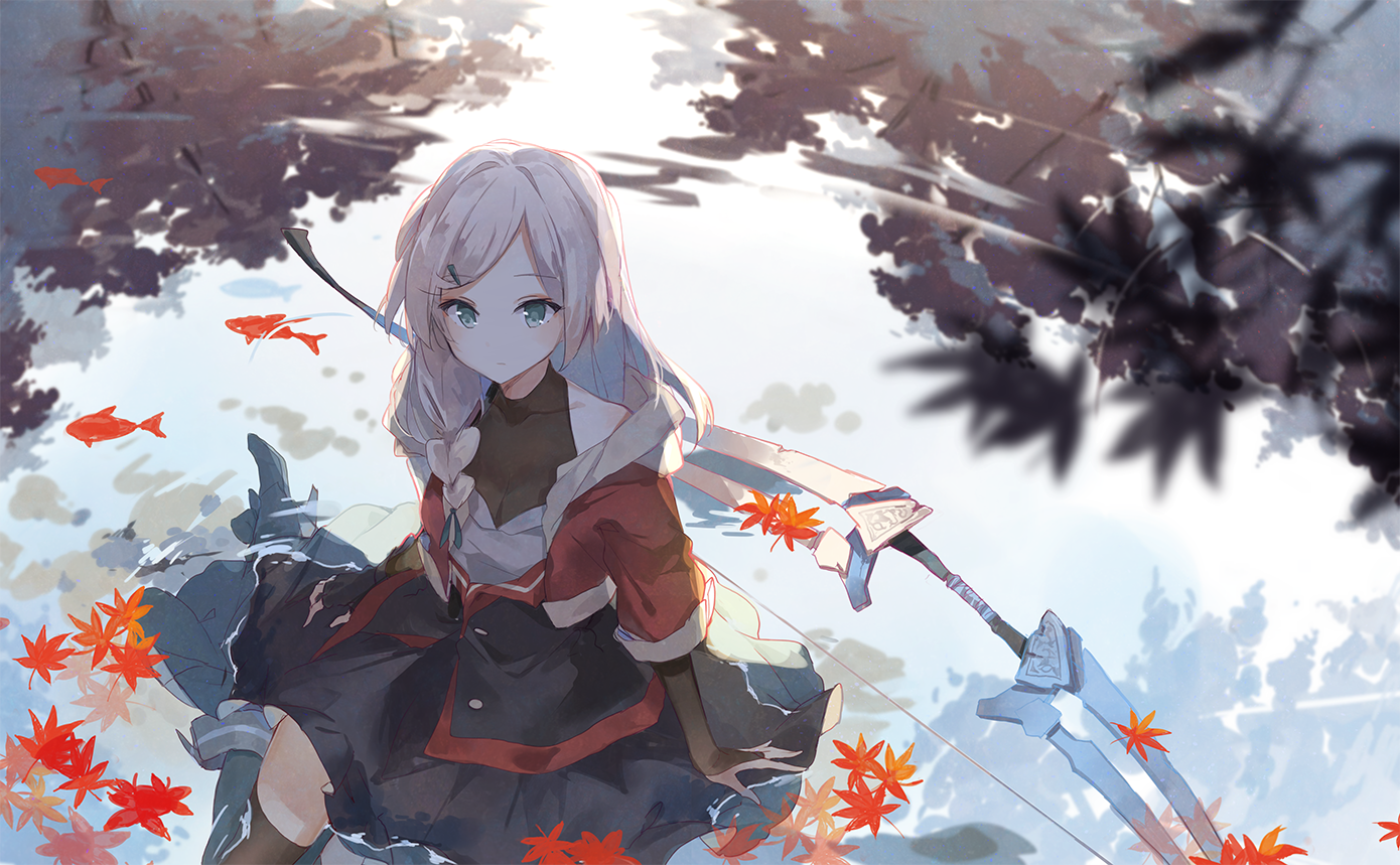 Anime girl with bow and arrow in autumn setting HD Wallpaper