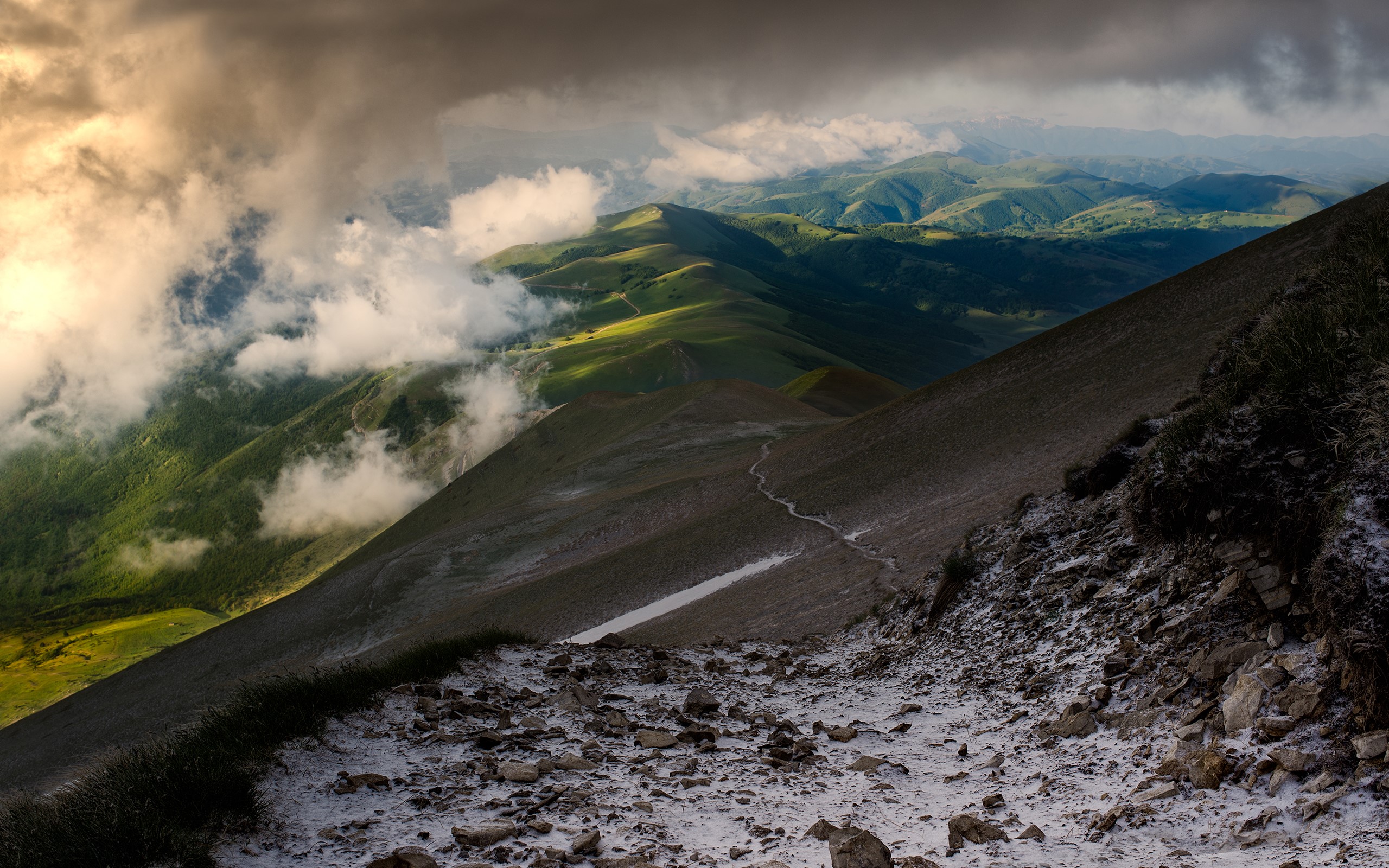Mountain landscape with clouds and snow HD Wallpaper