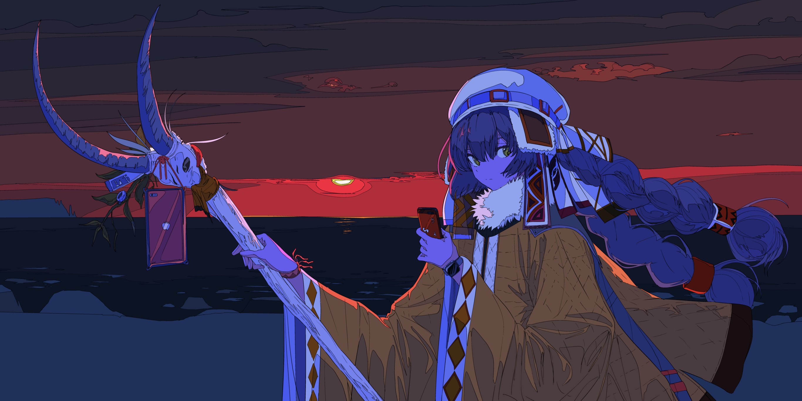 Anime girl with blue hair holding a staff and smartphone HD Wallpaper
